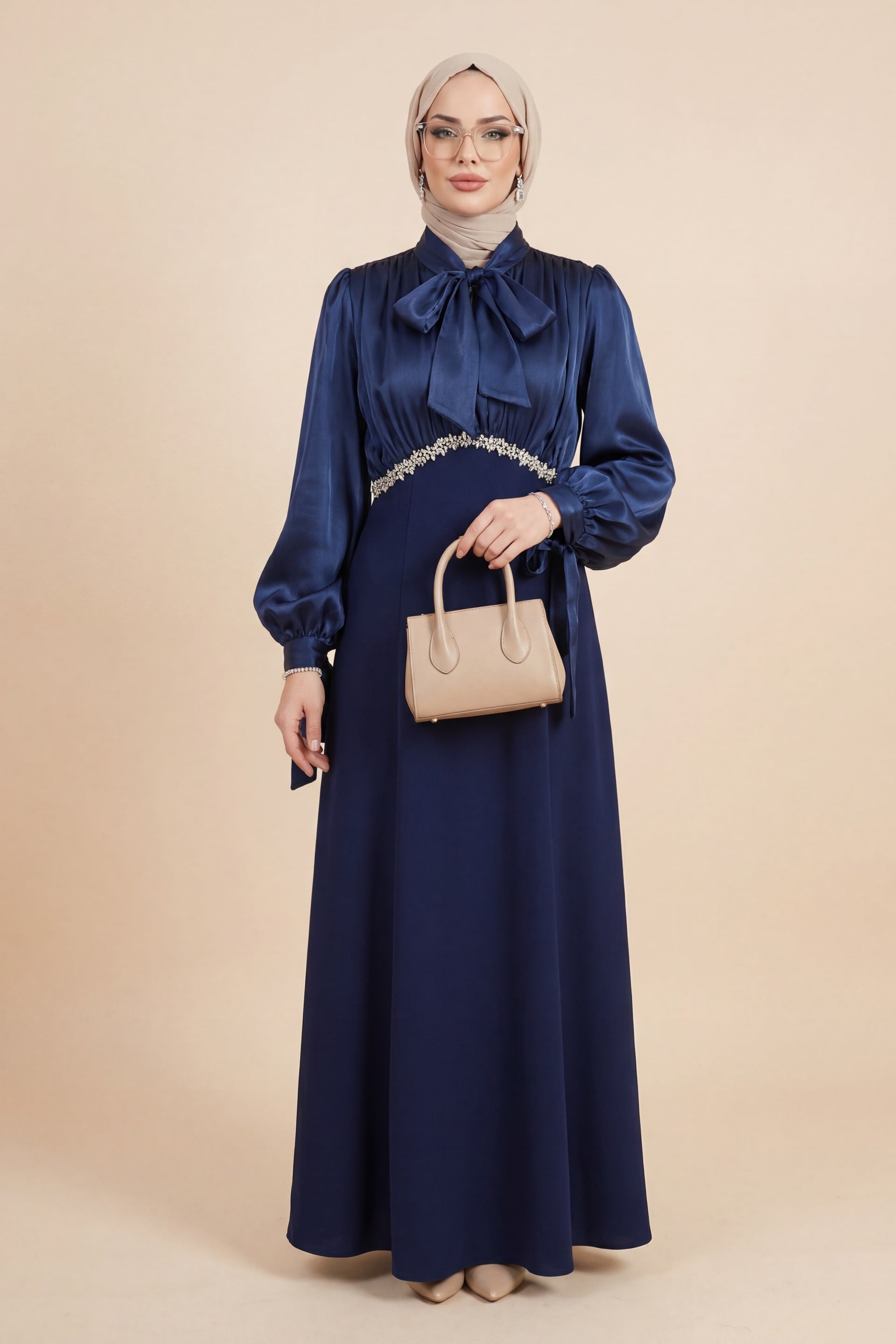 Navy Blue Lace-Up Bodice Pleated Satin Skirt Crepe Evening Dress - Podyumplus - by Peralane - photo 3