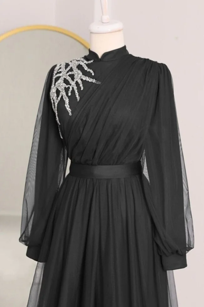 Black Sequin Embellished Tulle Evening Dress with Belt - Podyumplus - by Peralane - photo 8