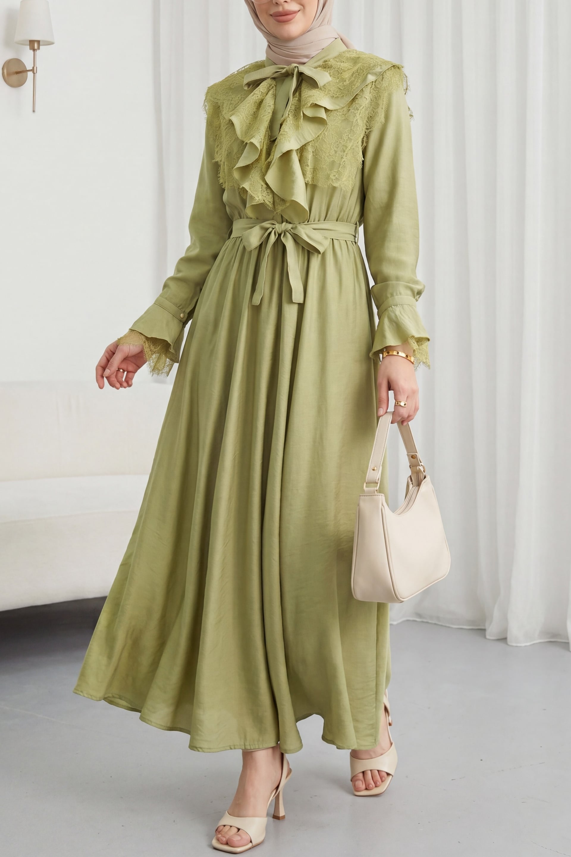 Women's Belted Wrap-Neck Half-Button Lace-Trim Cupra Dress - Olive Green - Podyumplus - by Peralane