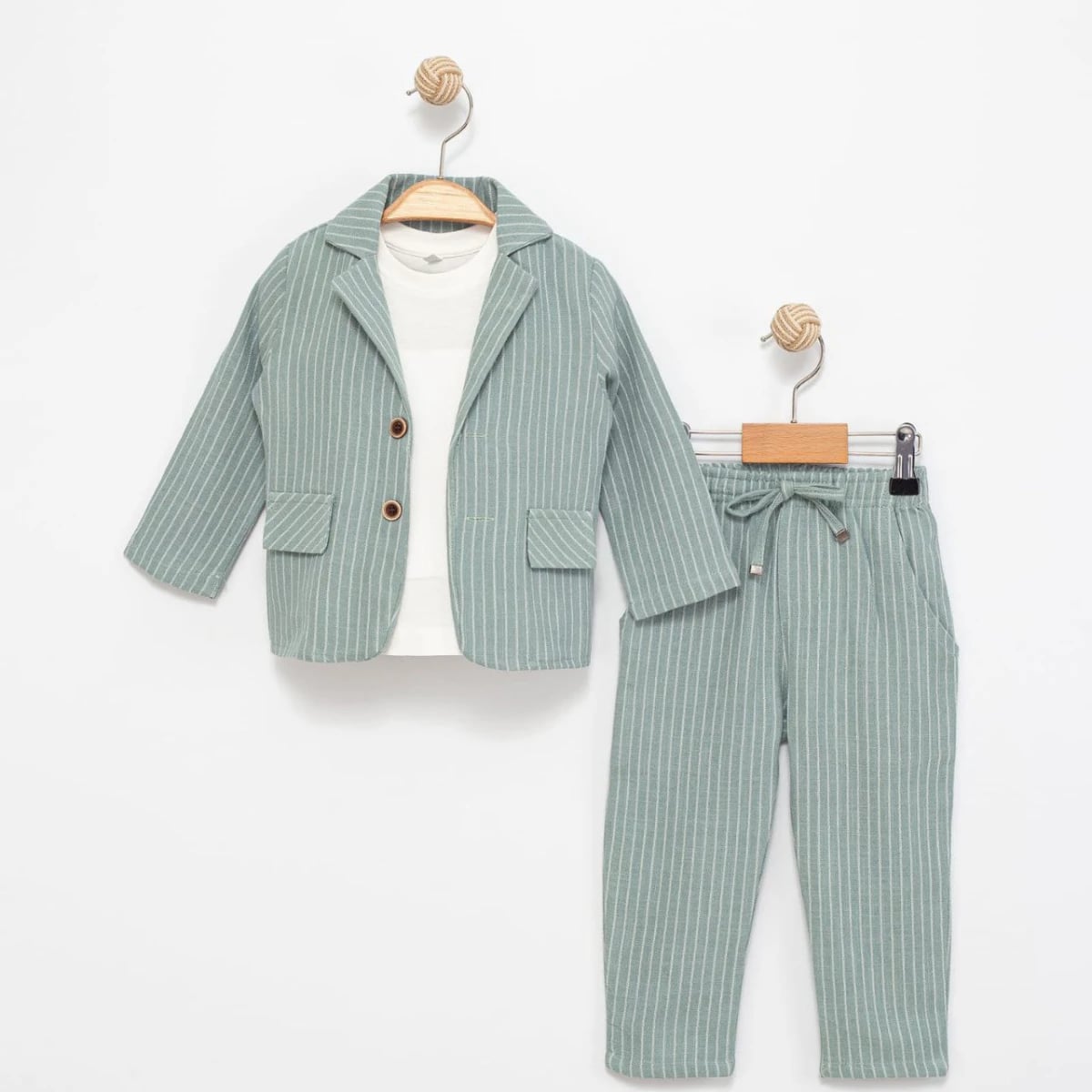 Boys' Three-Piece Suit Set with Blazer, Trousers, and T-Shirt - Sage Green Pinstripe - 6-24 Months - Terry - by Peralane