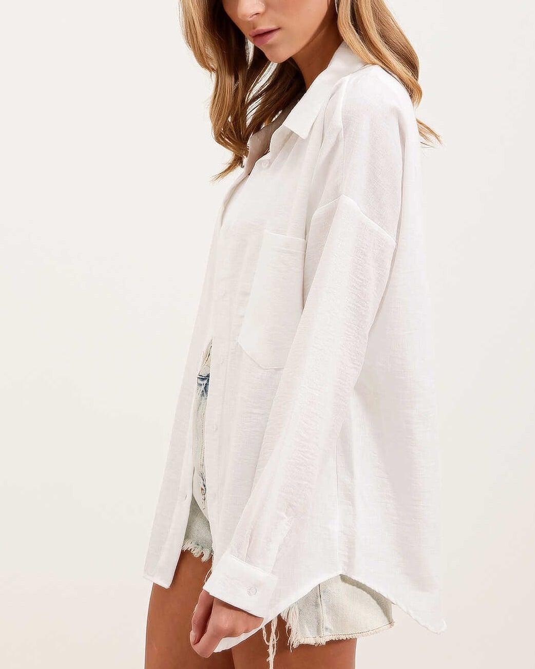 White Oversize Linen-Blend Single-Chest-Pocket Shirt - Bigdart - by Peralane - photo 2