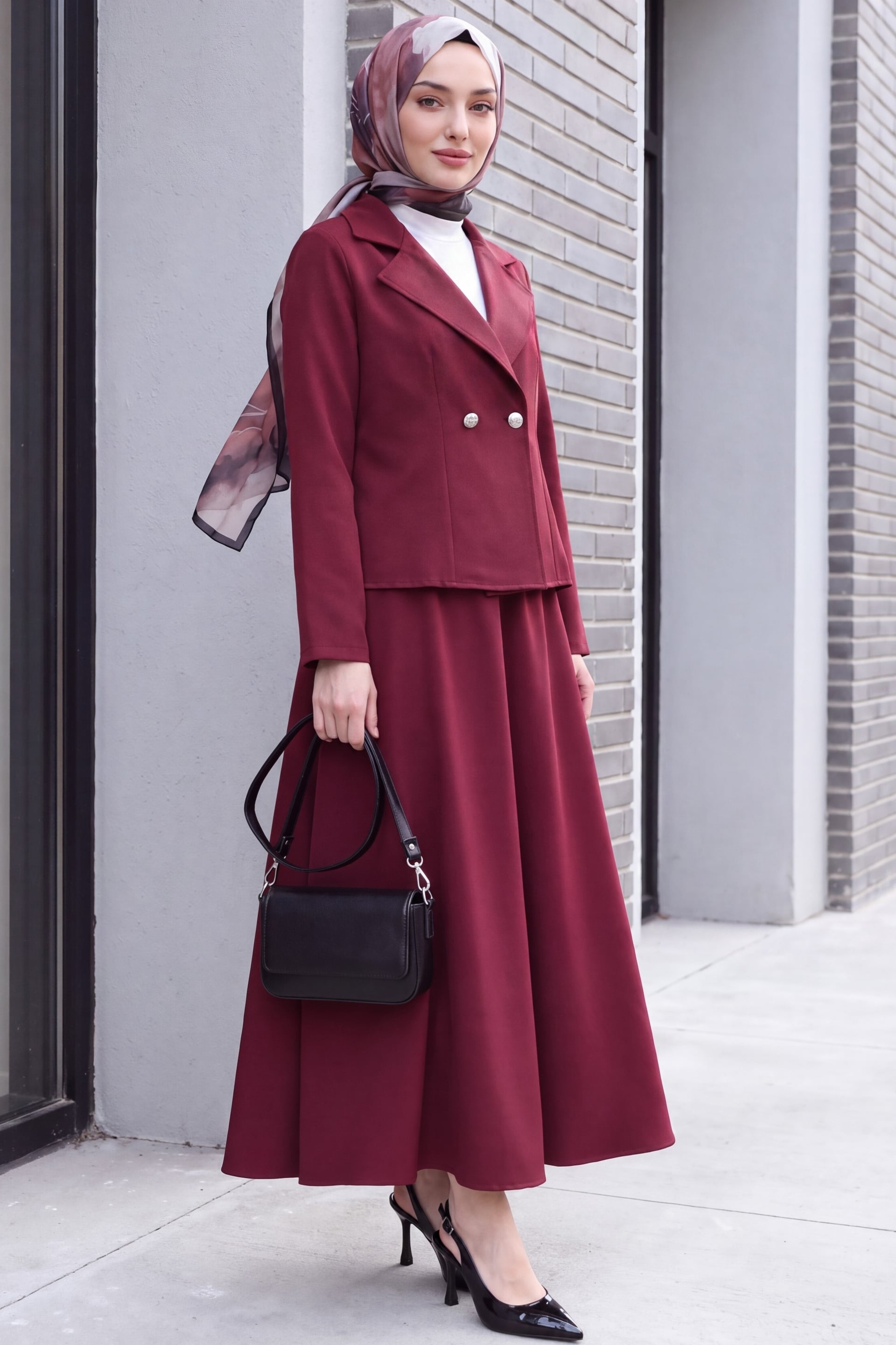 Double Crepe Blazer and Skirt Co-ord Set in Burgundy - Podyumplus - by Peralane