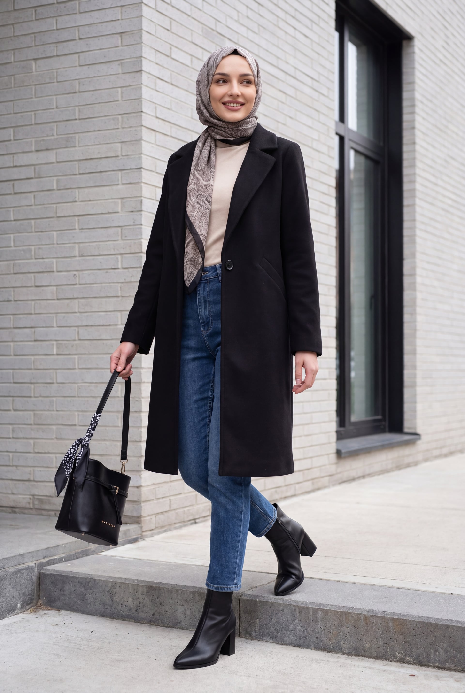 Black Mid-Length Coat with Notched Lapel - Women's - Bigdart - by Peralane - photo 2