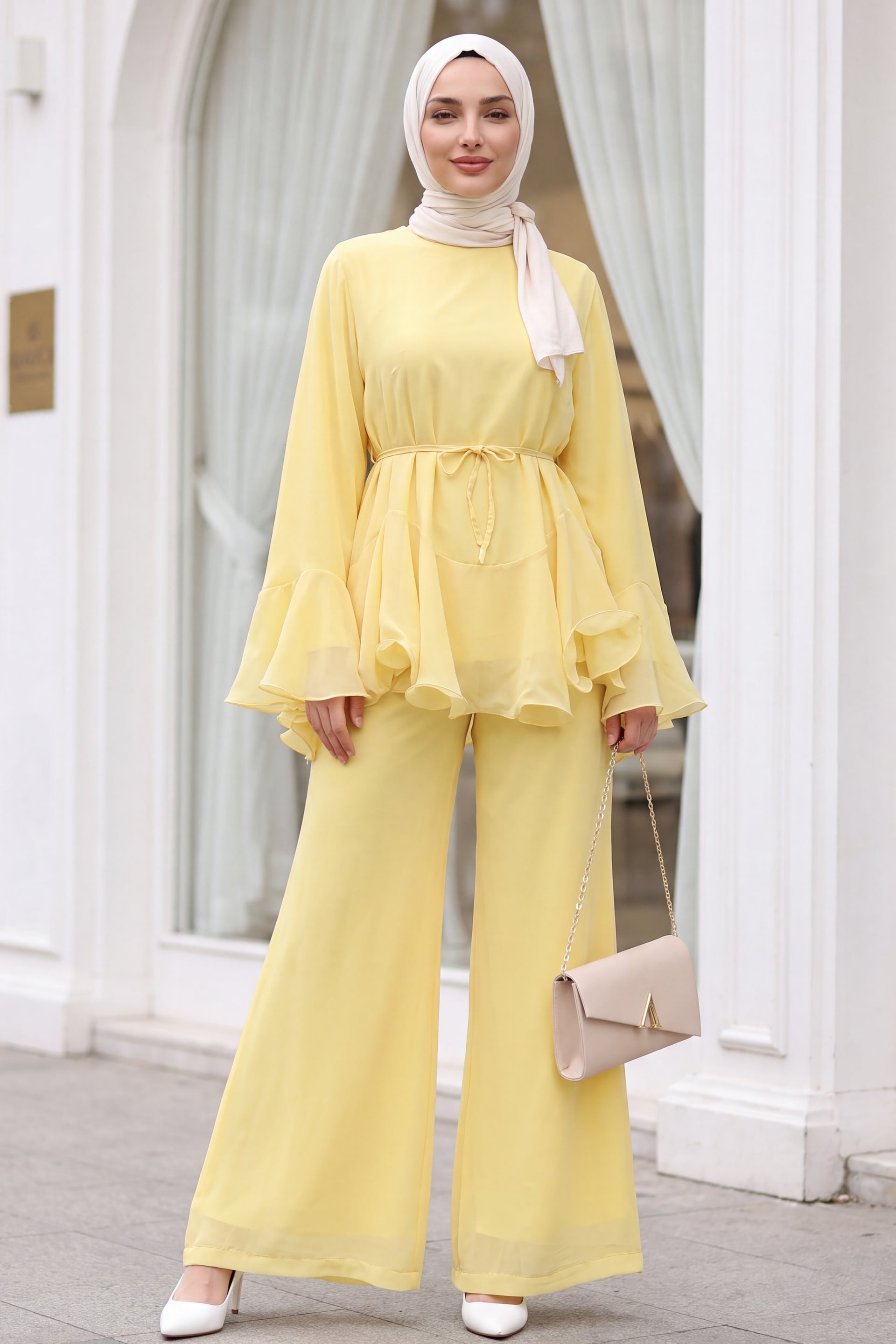 Yellow Chiffon Tunic and Trousers Set with Ruffled Details - Podyumplus - by Peralane
