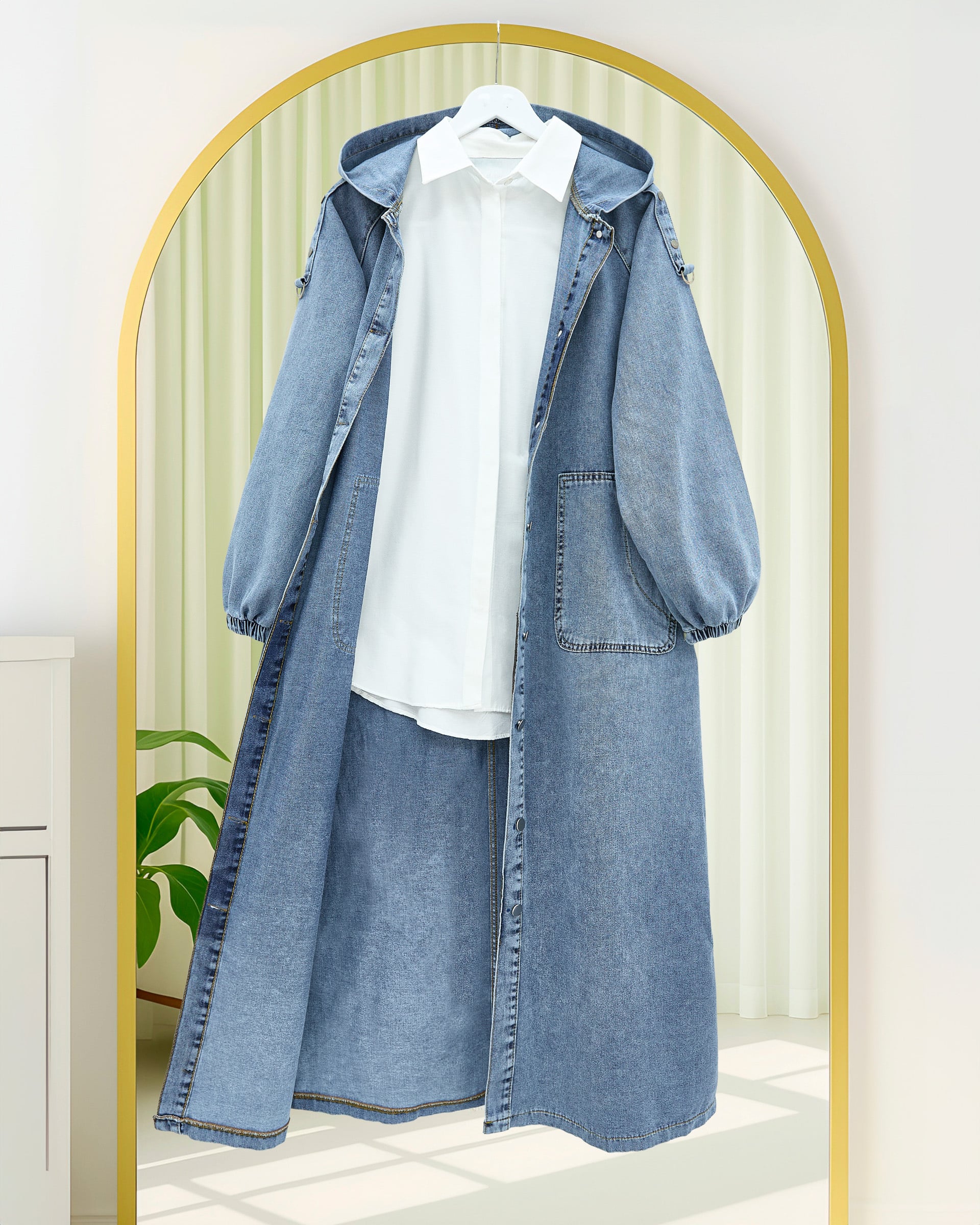 Button-Front Hooded Denim Jacket with Epaulettes and Pockets - Ice Blue - Podyumplus - by Peralane - photo 4