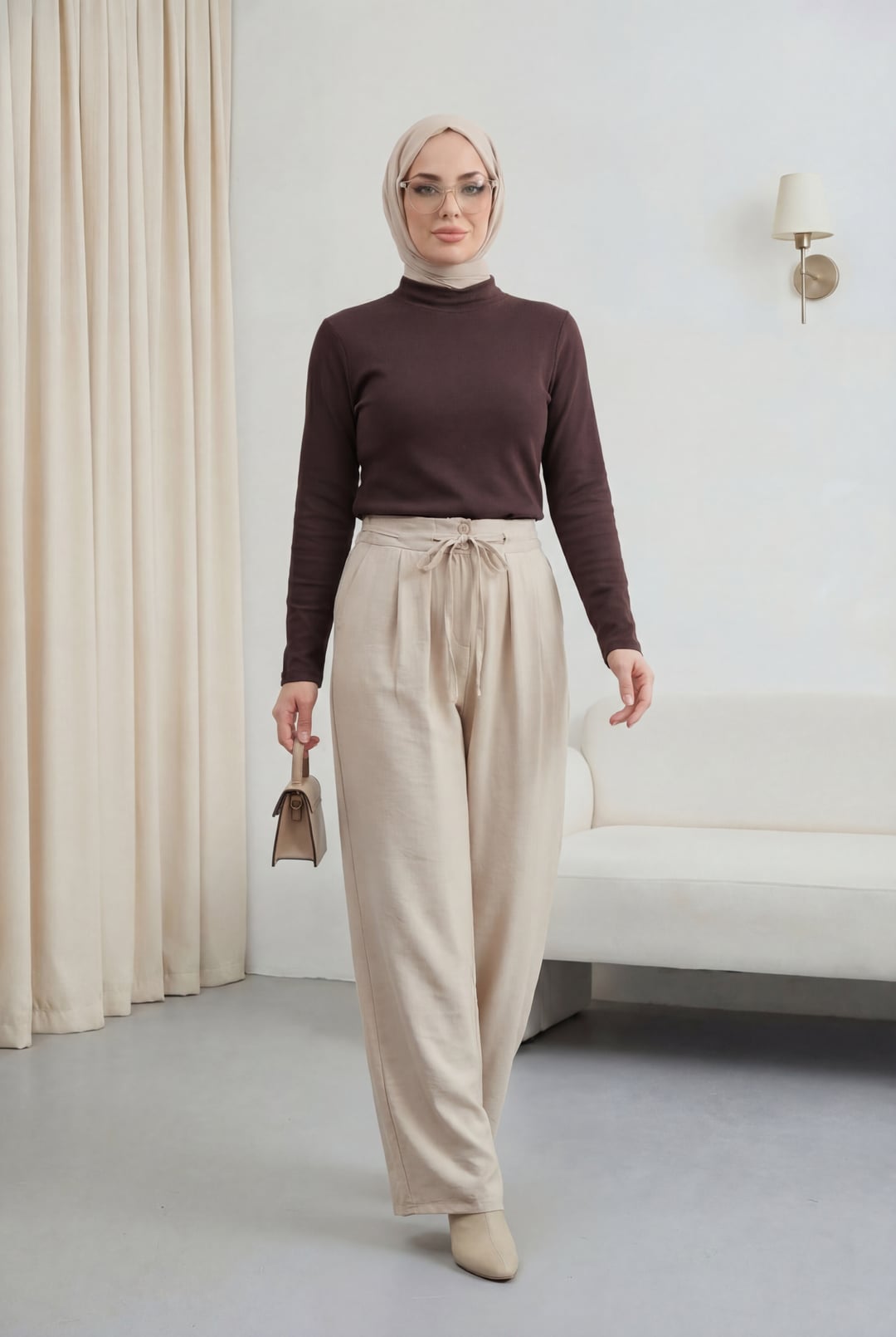 High Waist Drawstring Trousers with Double Button Detail - Stone - Podyumplus - by Peralane - photo 4