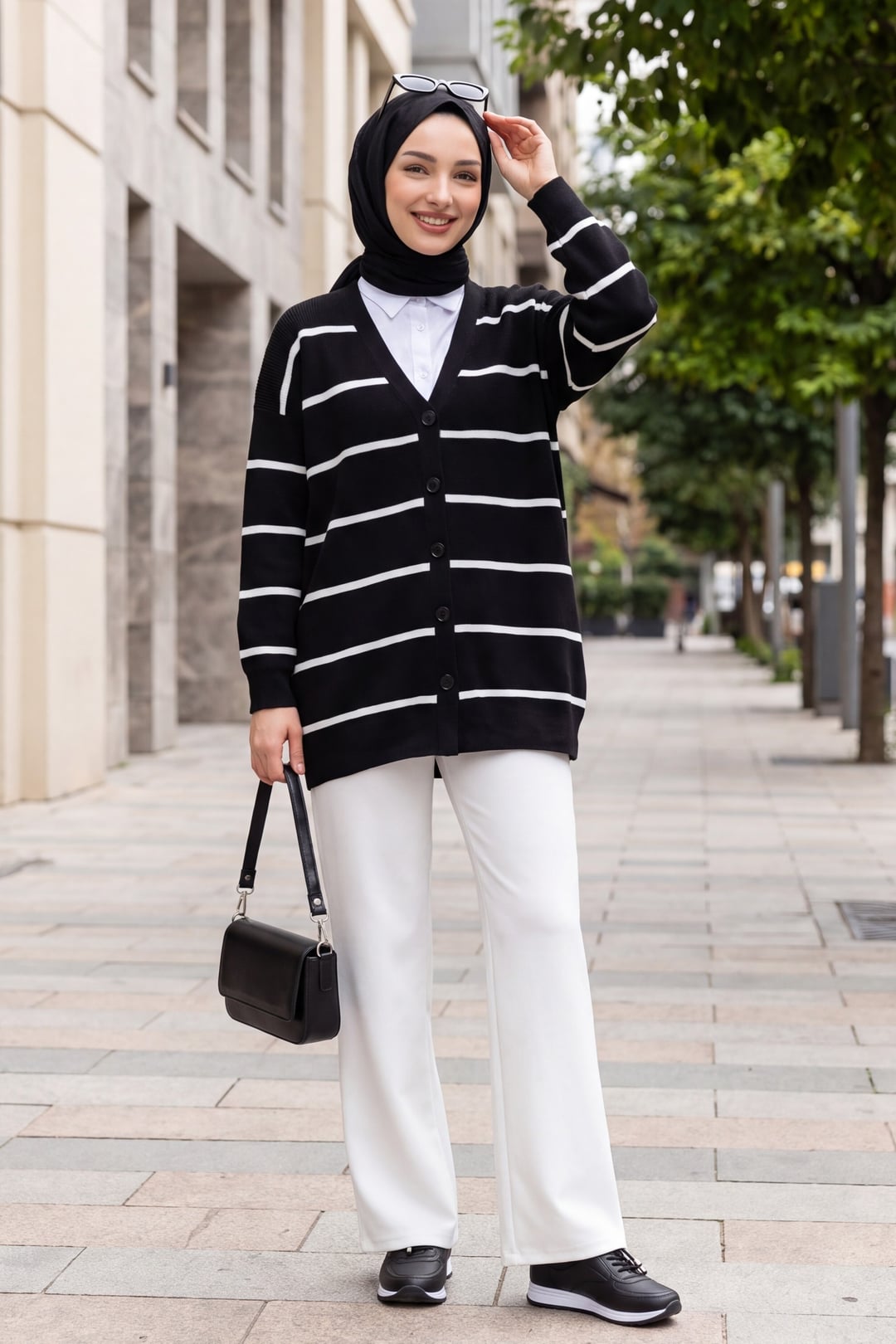 Striped Button-Front Knit Cardigan - Black - Podyumplus - by Peralane - photo 2