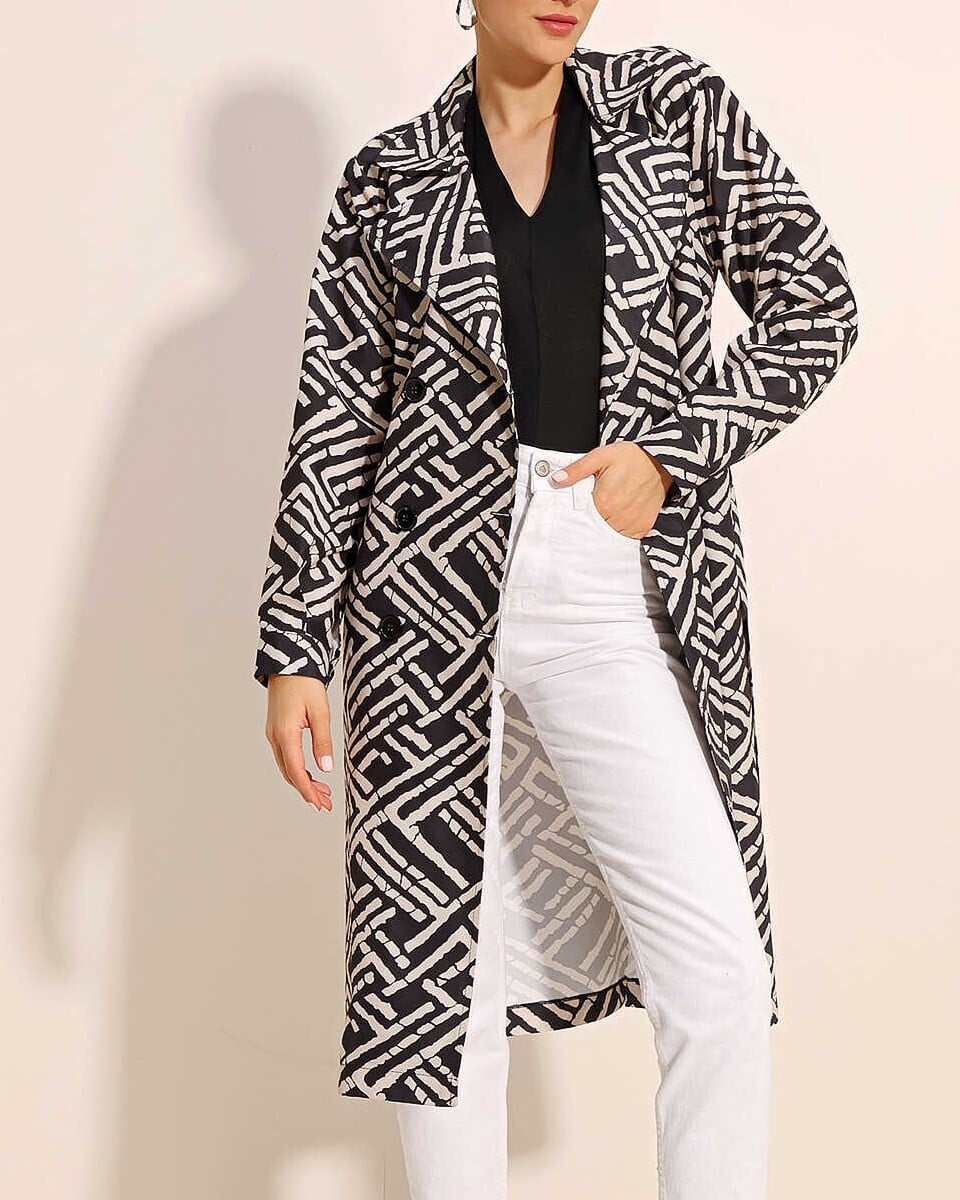 Black and Cream Abstract Print Double-Breasted Belted Trench Coat - Bigdart - by Peralane - photo 6