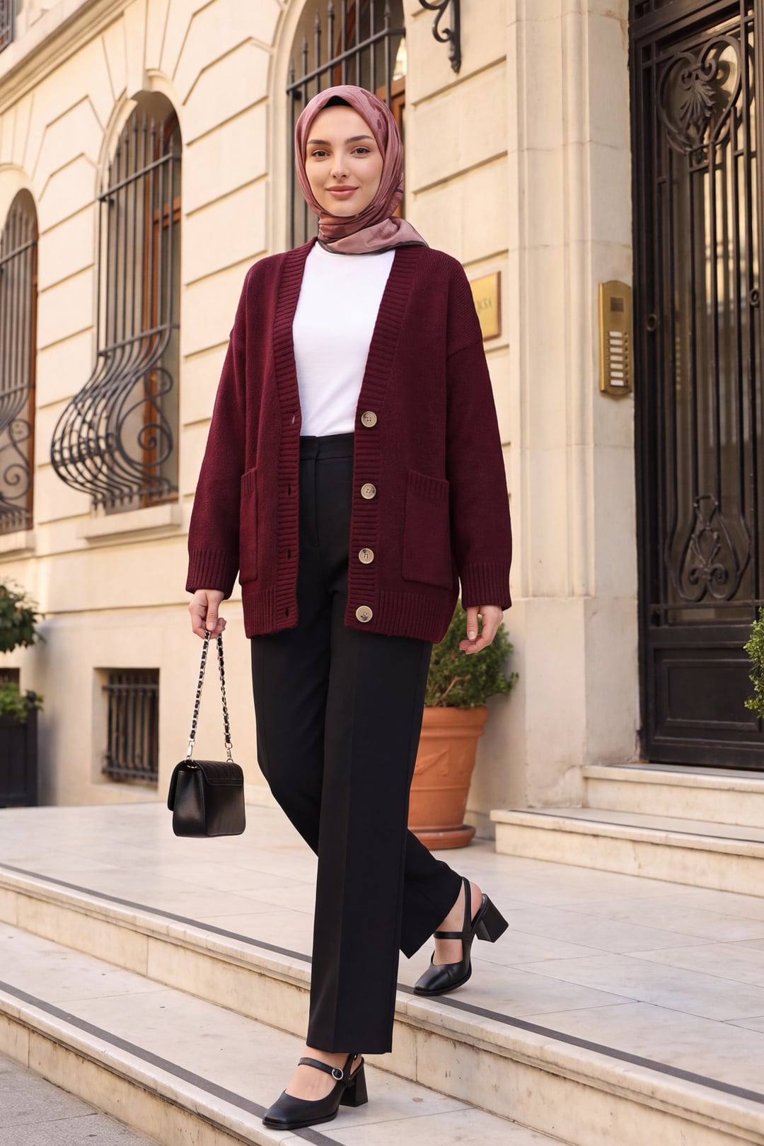 Buttoned Double Pocket Relaxed Knit Cardigan - Burgundy - Podyumplus - by Peralane - photo 2