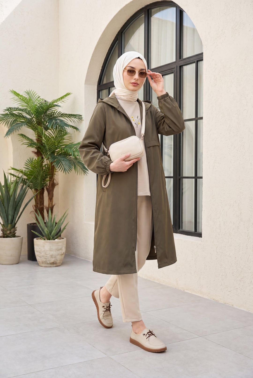 Women's Hooded Long Raincoat with Full Zip - Olive Green - Podyumplus - by Peralane