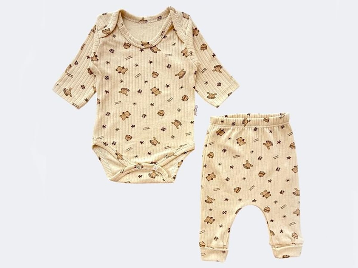 Bear Print Ribbed Baby Bodysuit and Pants Set - Beige (Pack of 3) - Supermini - by Peralane