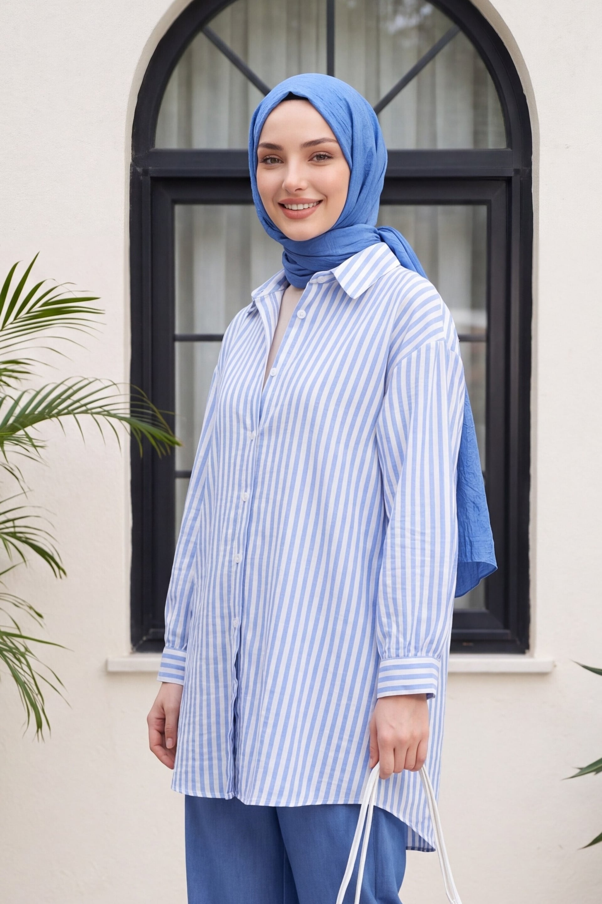 Full-Length Button Striped Linen Look Shirt - Blue - Podyumplus - by Peralane