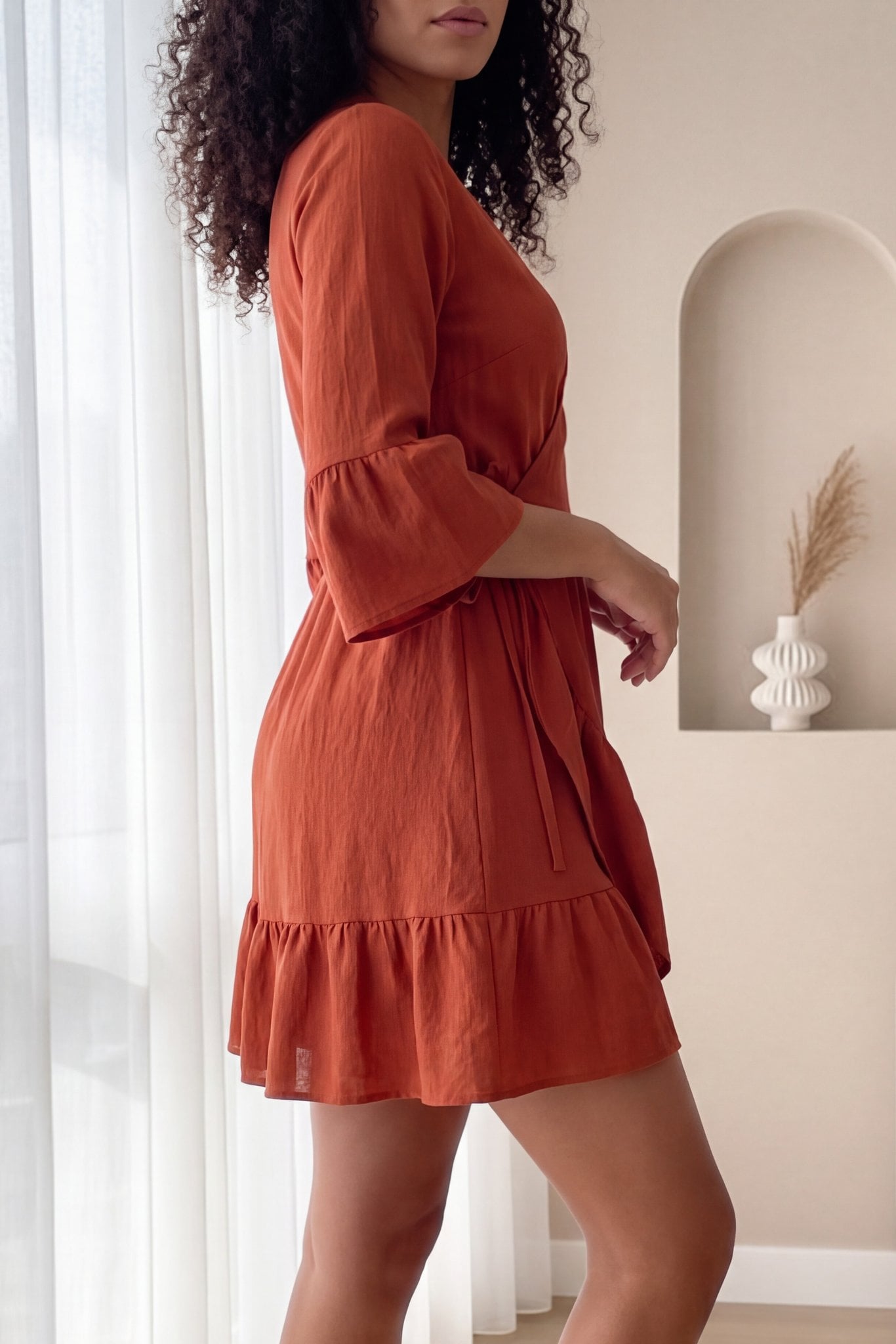 Ruffled Wrap Dress with Tie Waist in Rust - Podyumplus - by Peralane - photo 3