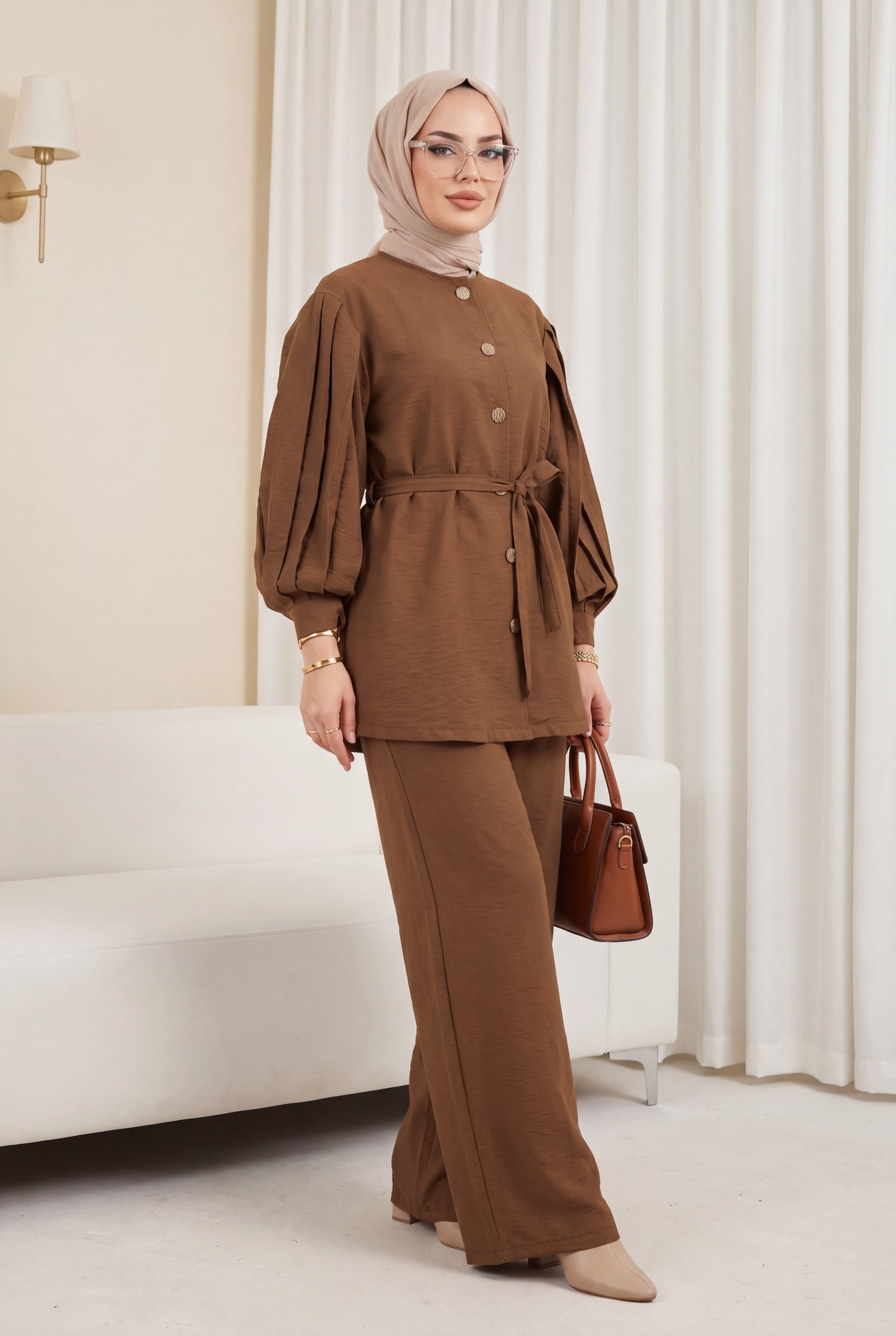 Women's Brown Two-Piece Set with Long Sleeves and Trousers, Melon Sleeve, Belted Waist - Lena - Podyumplus - by Peralane - photo 4