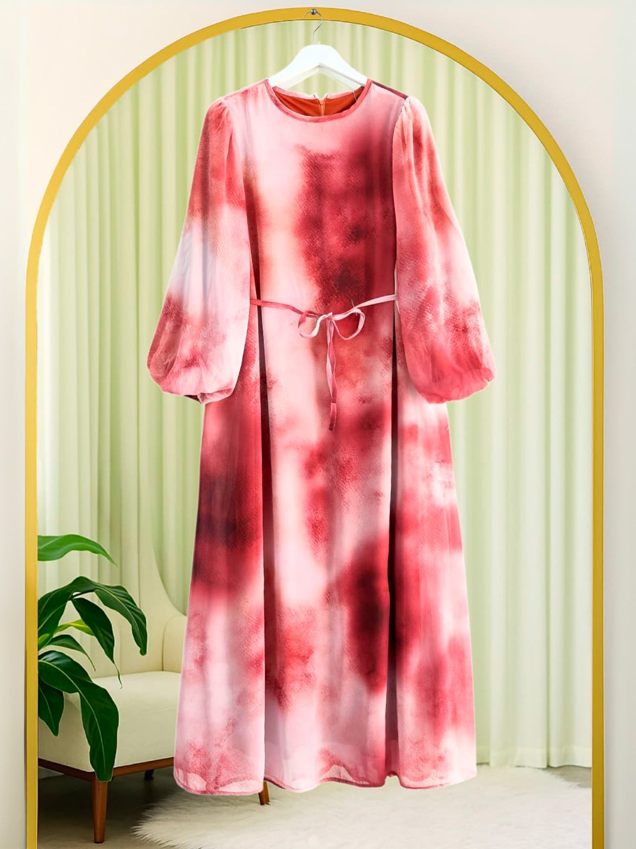 Batik Print Lined Chiffon Dress - Burgundy - Podyumplus - by Peralane - photo 2