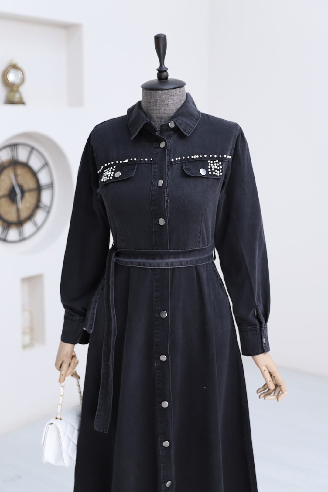 Black Denim Dress with Stone Details and Full-Length Button Front - Podyumplus - by Peralane - photo 7