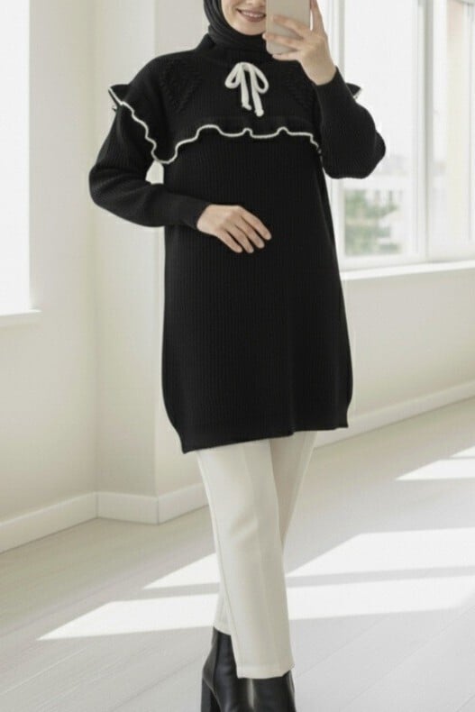 Ruffled Trim Knit Tunic with Bow Detail - Black - Podyumplus - by Peralane