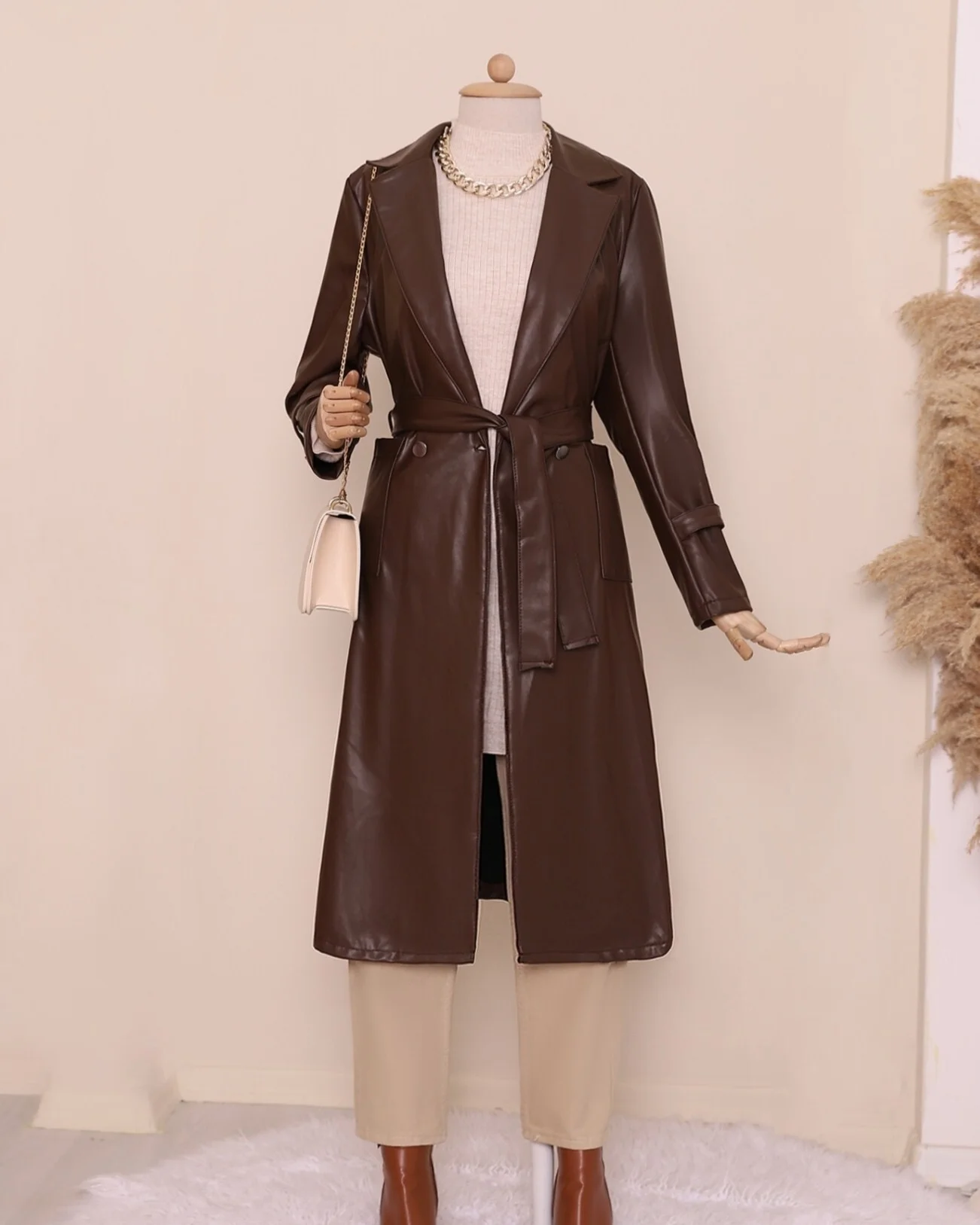 Women's Double-Breasted Faux Leather Belted Trench Coat in Brown - Podyumplus - by Peralane - photo 3