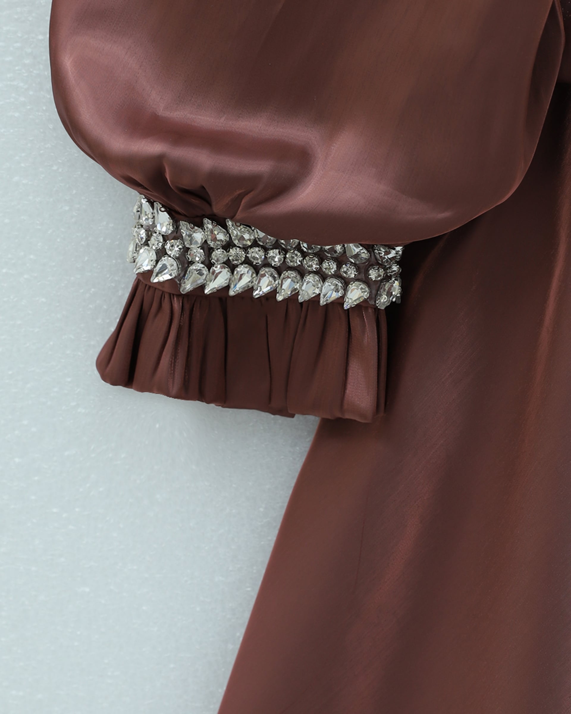 Satin Evening Dress with Ruffled Waist Detail and Rhinestone Embellishments - Dark Gray - Podyumplus - by Peralane - photo 6