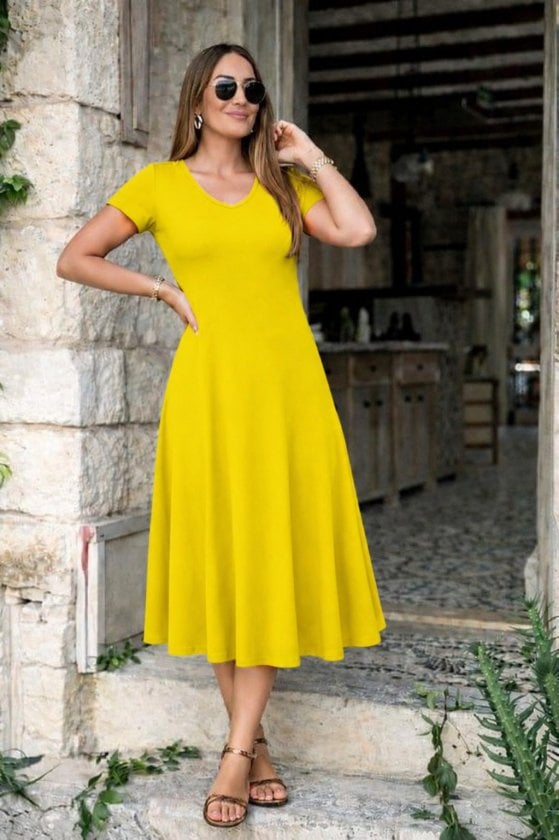Women's Short-Sleeve V-Neck Side-Slit Midi Viscose Dress - Janes - by Peralane - photo 2