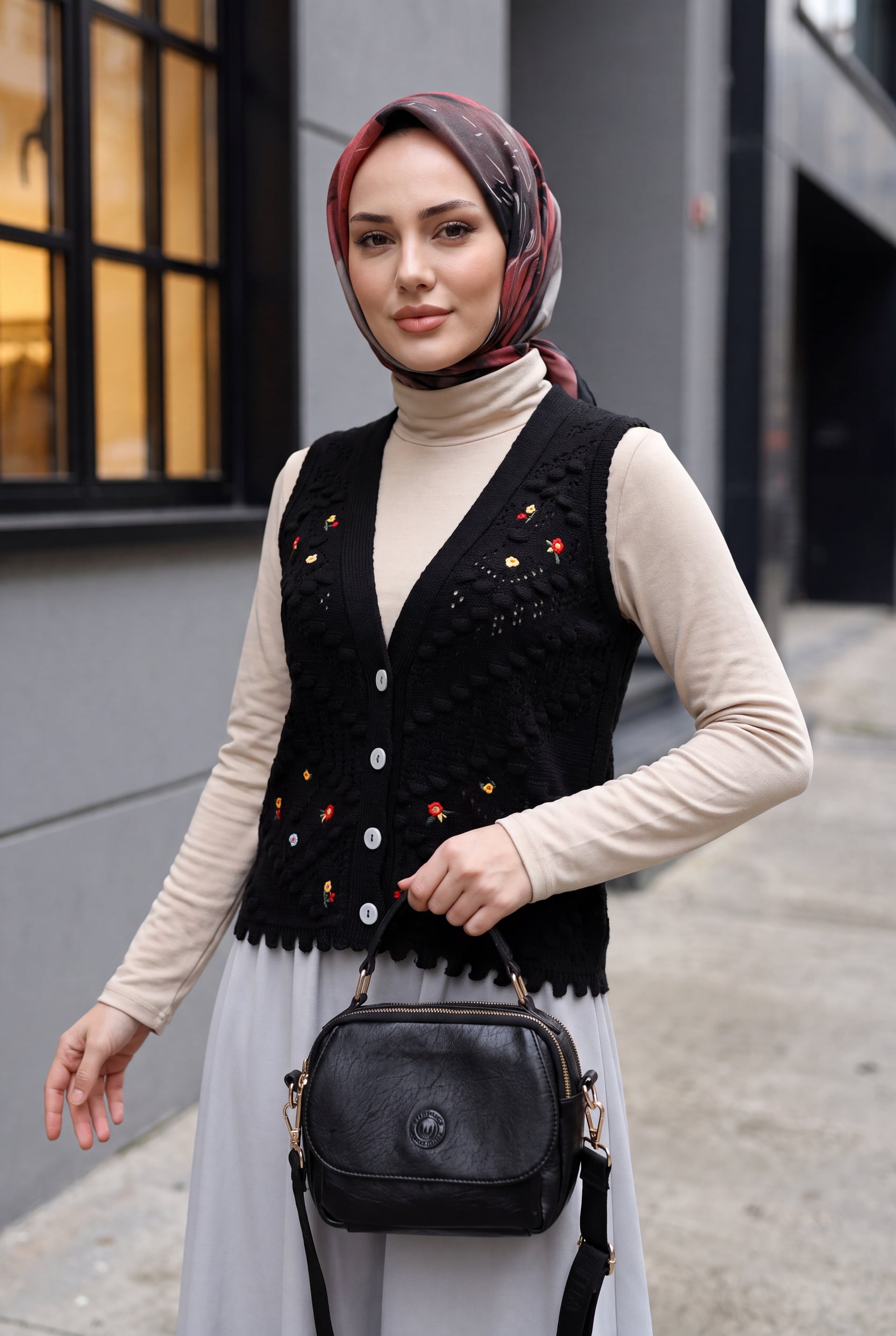 Black Knitted Vest with Floral Embroidery and Pom Poms - Podyumplus - by Peralane