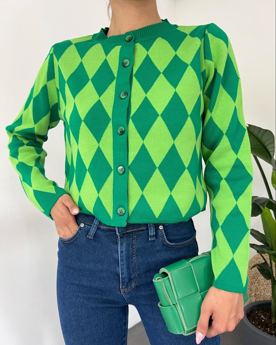 Green Diamond Pattern Button-Front Knit Cardigan - Podyumplus - by Peralane - photo 5