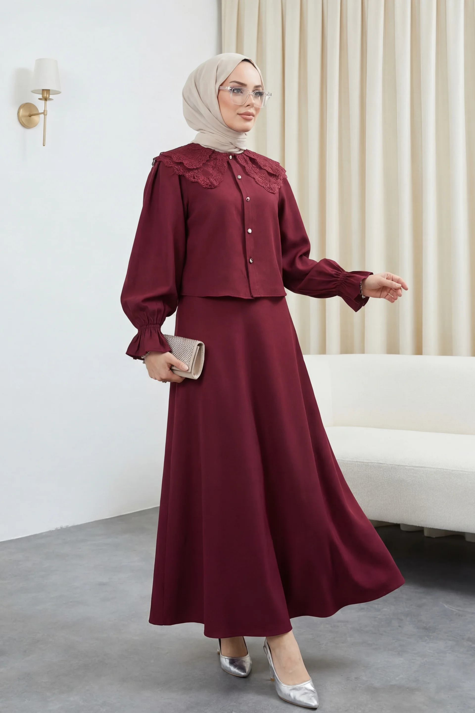 Peter Pan Collar Frilled Blouse with Elasticated Sleeves and Flared Skirt Set - Burgundy - Podyumplus - by Peralane