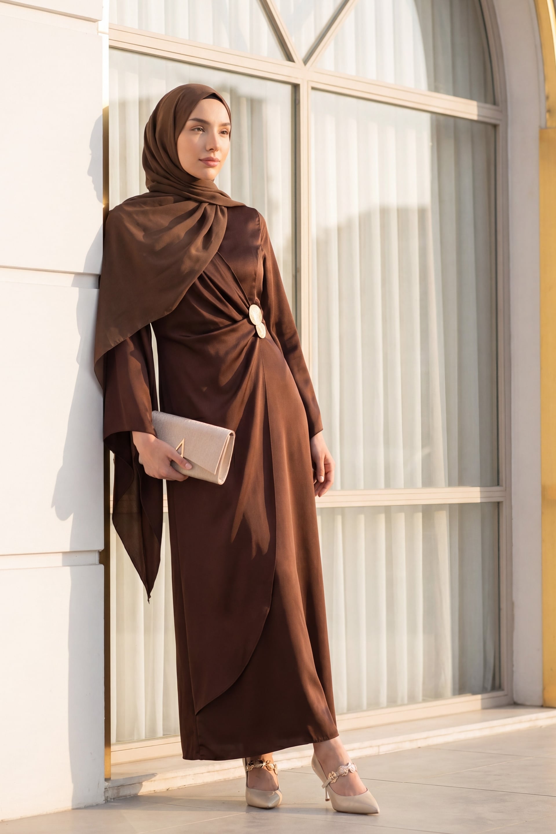 Buckle Detail Double Layer Front Asymmetric Sleeve Satin Evening Dress - Brown - Podyumplus - by Peralane - photo 10