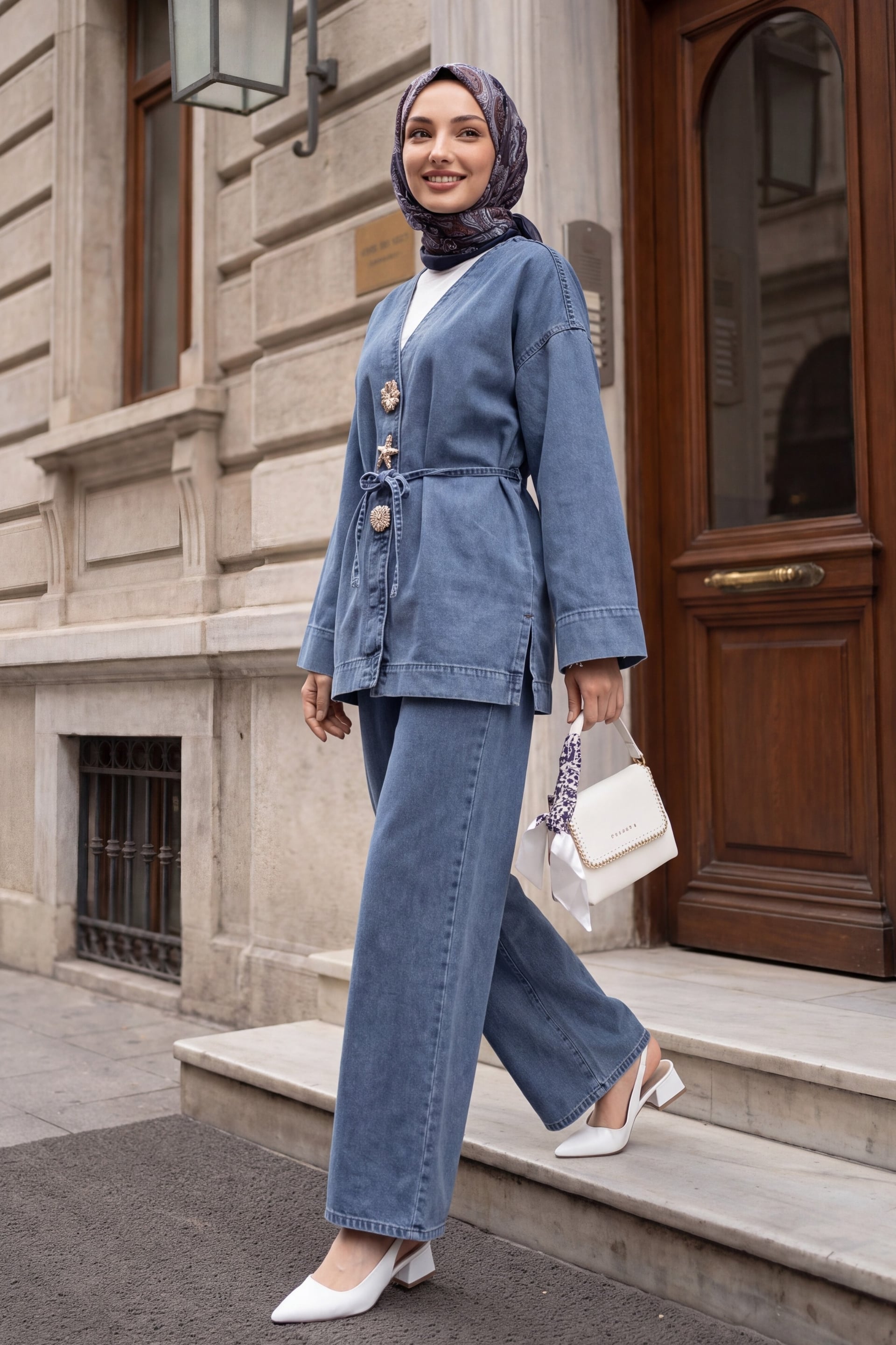 Laced Denim Kimono Set with Elastic Waist Wide-Leg Trousers - Ice Blue - Podyumplus - by Peralane - photo 2