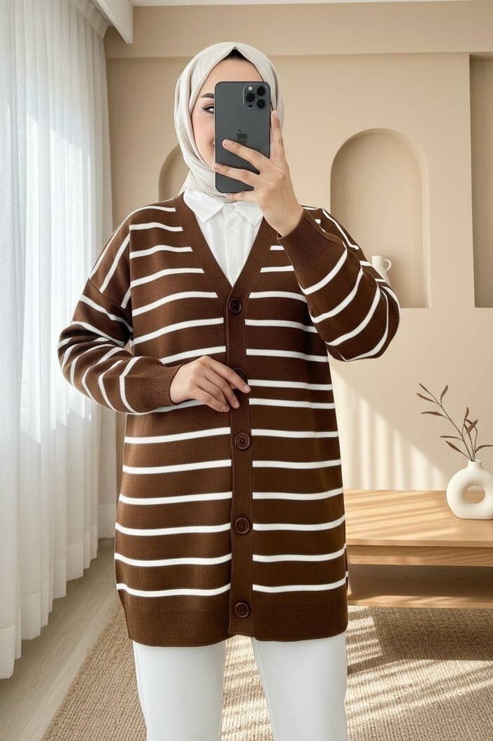Striped Button-Up V-Neck Knit Cardigan - Brown - Podyumplus - by Peralane - photo 3