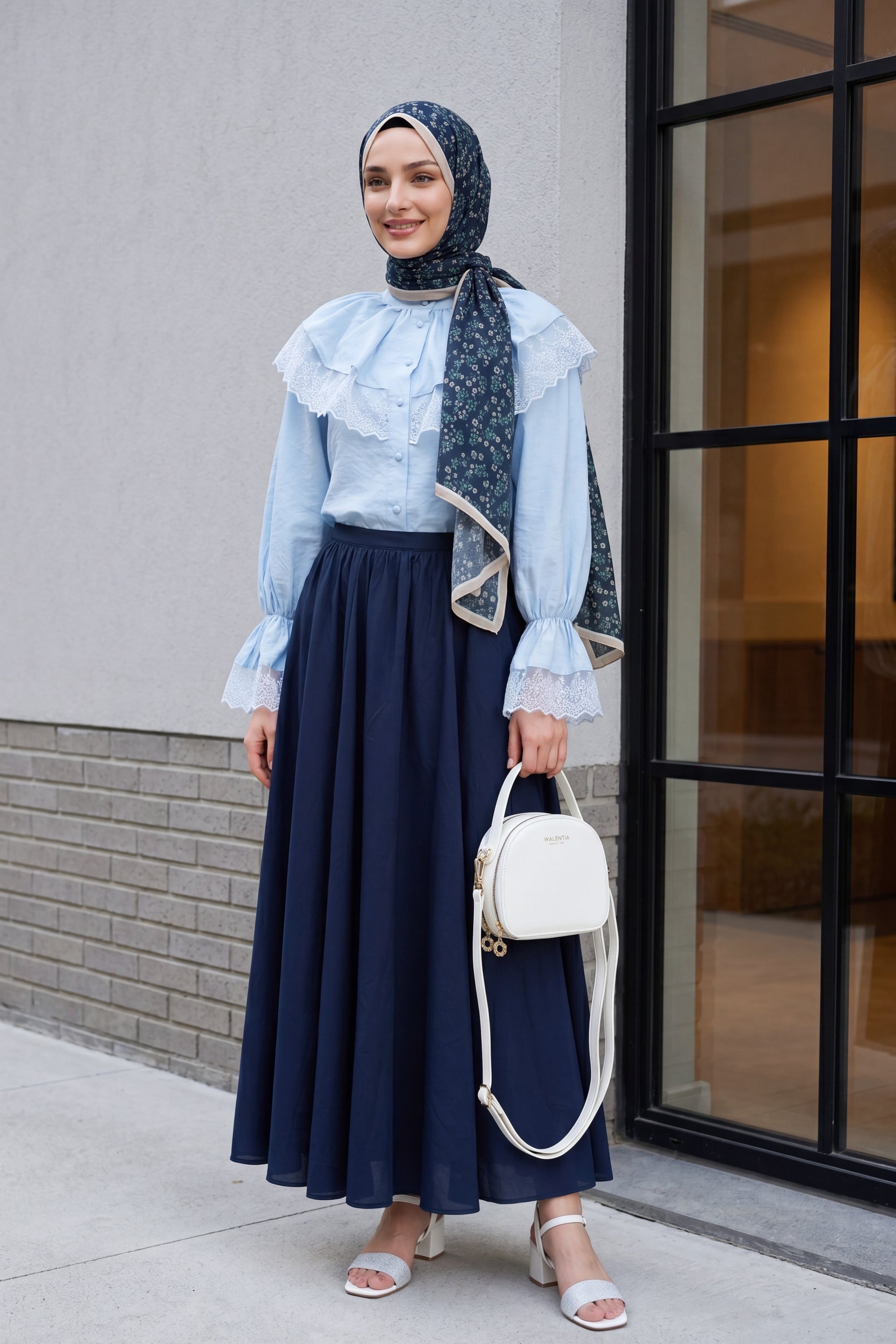 Mandarin Collar, Elasticated Sleeves, Lace Detail, Buttoned Modal Blouse - Baby Blue - Podyumplus - by Peralane - photo 6