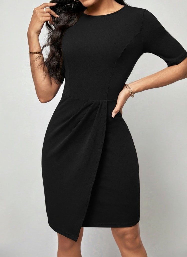 Women's Black Short-Sleeved Round-Neck Tulip Dress with Front Gathering - Janes - by Peralane - photo 2