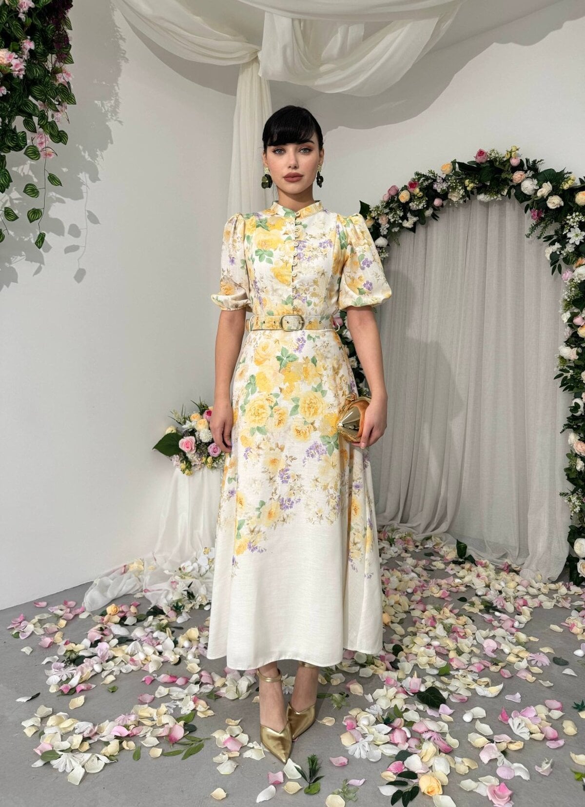 Floral Print Midi Dress with Belt - Yellow - Etika - by Peralane - photo 4