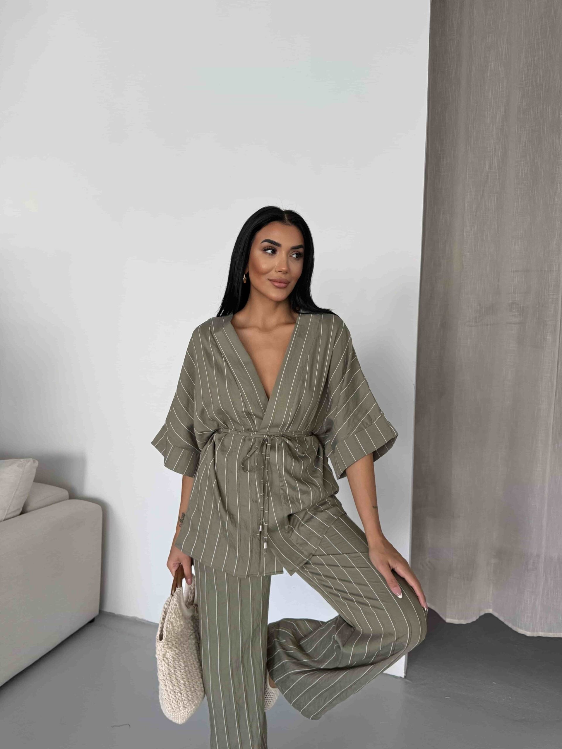Striped V-Neck Wrap Top and Wide-Leg Trouser Co-ord Set - My Bee - by Peralane - photo 3