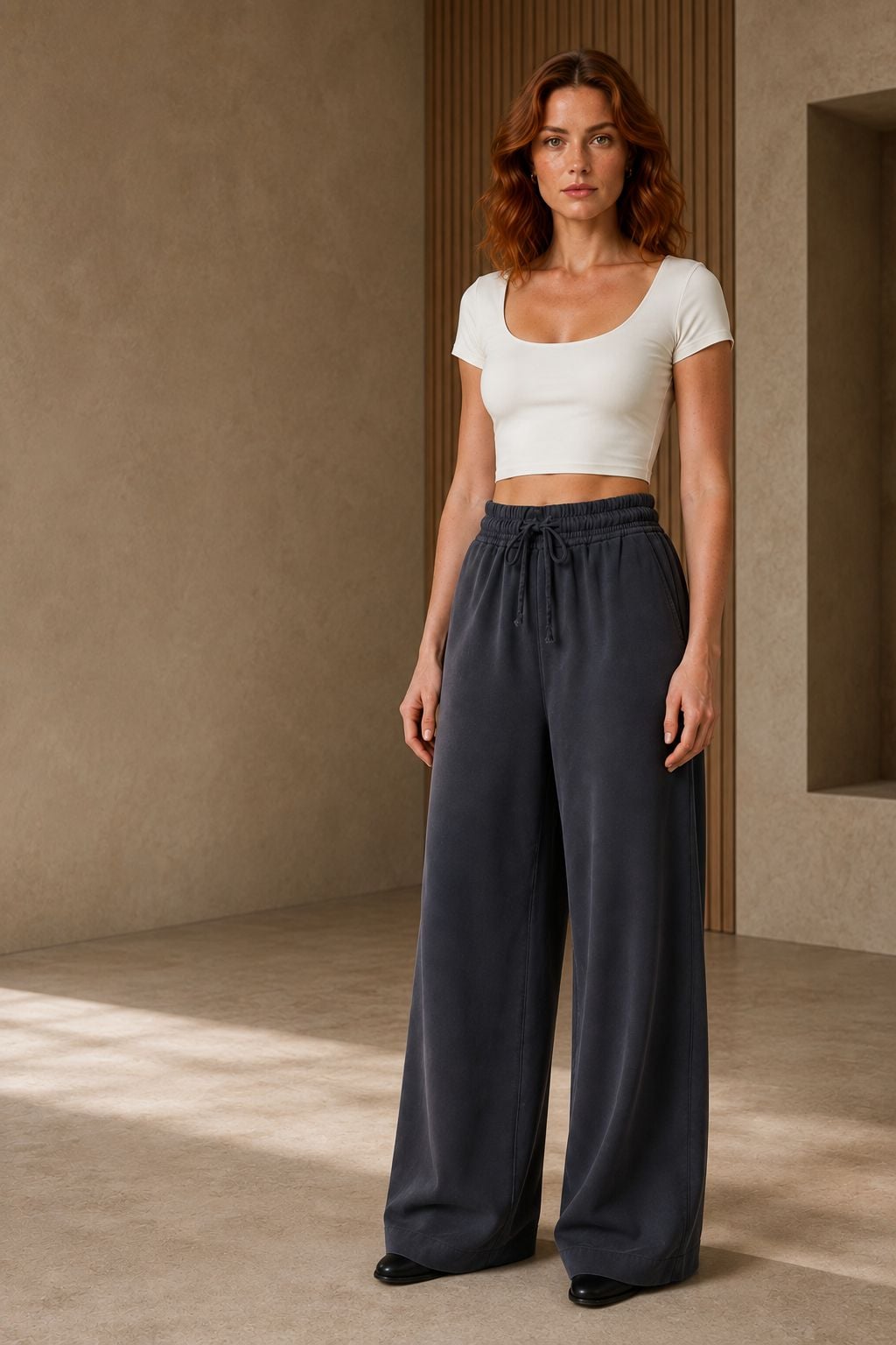 Ribbed Crop Top and Drawstring Wide-Leg Trousers Set - Anthracite - Xlove - by Peralane