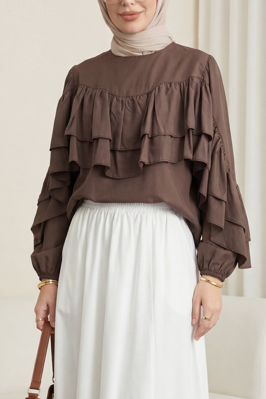 Flounced Sleeve Elasticated Cuff Blouse - Dark Brown - Podyumplus - by Peralane