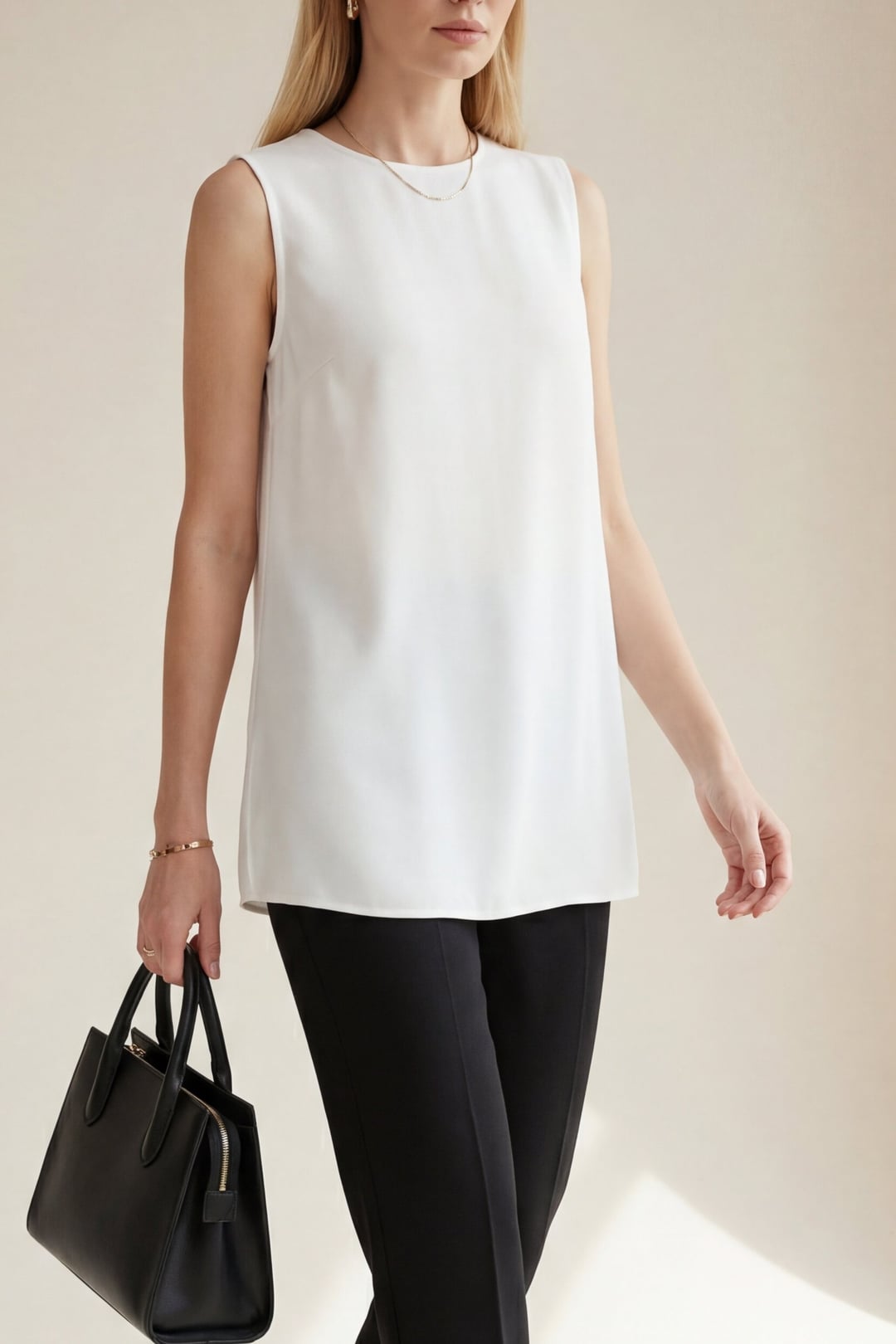 Sleeveless Chiffon Front Knit Top - Ecru - Podyumplus - by Peralane