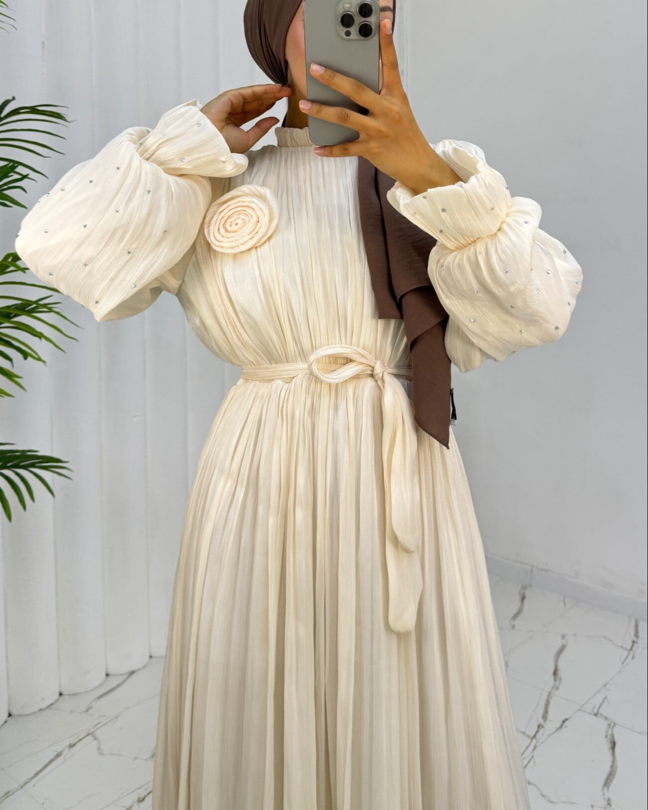 Long-Sleeve Sequined Chiffon Modest Evening Dress with Belt and Rose Brooch - Beige - Podyumplus - by Peralane - photo 5