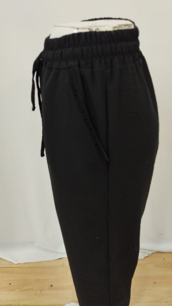 Women's Black Elastic Waist Drawstring Trousers with Lace Hem Detail - Janes - by Peralane - photo 8