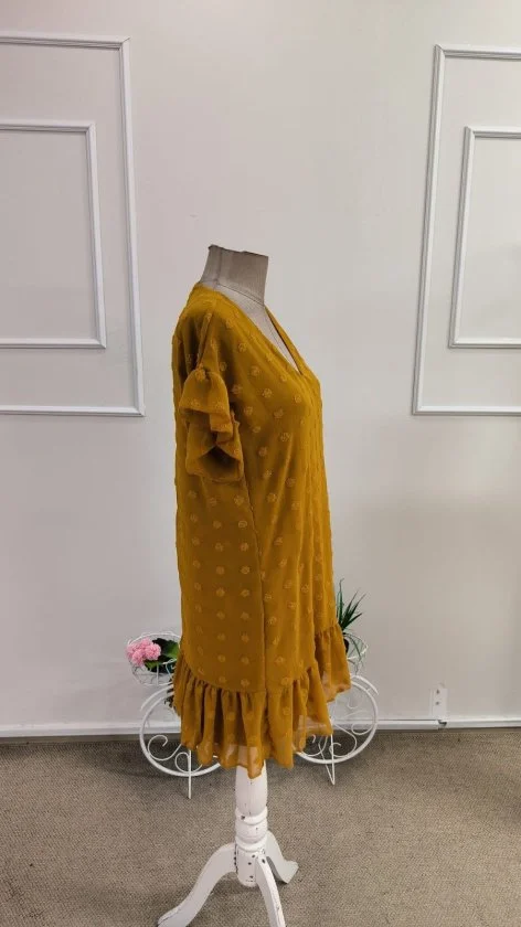 Women's Short-Sleeve V-Neck Mustard Yellow Dobby Dot Sheer Dress - Janes - by Peralane - photo 6