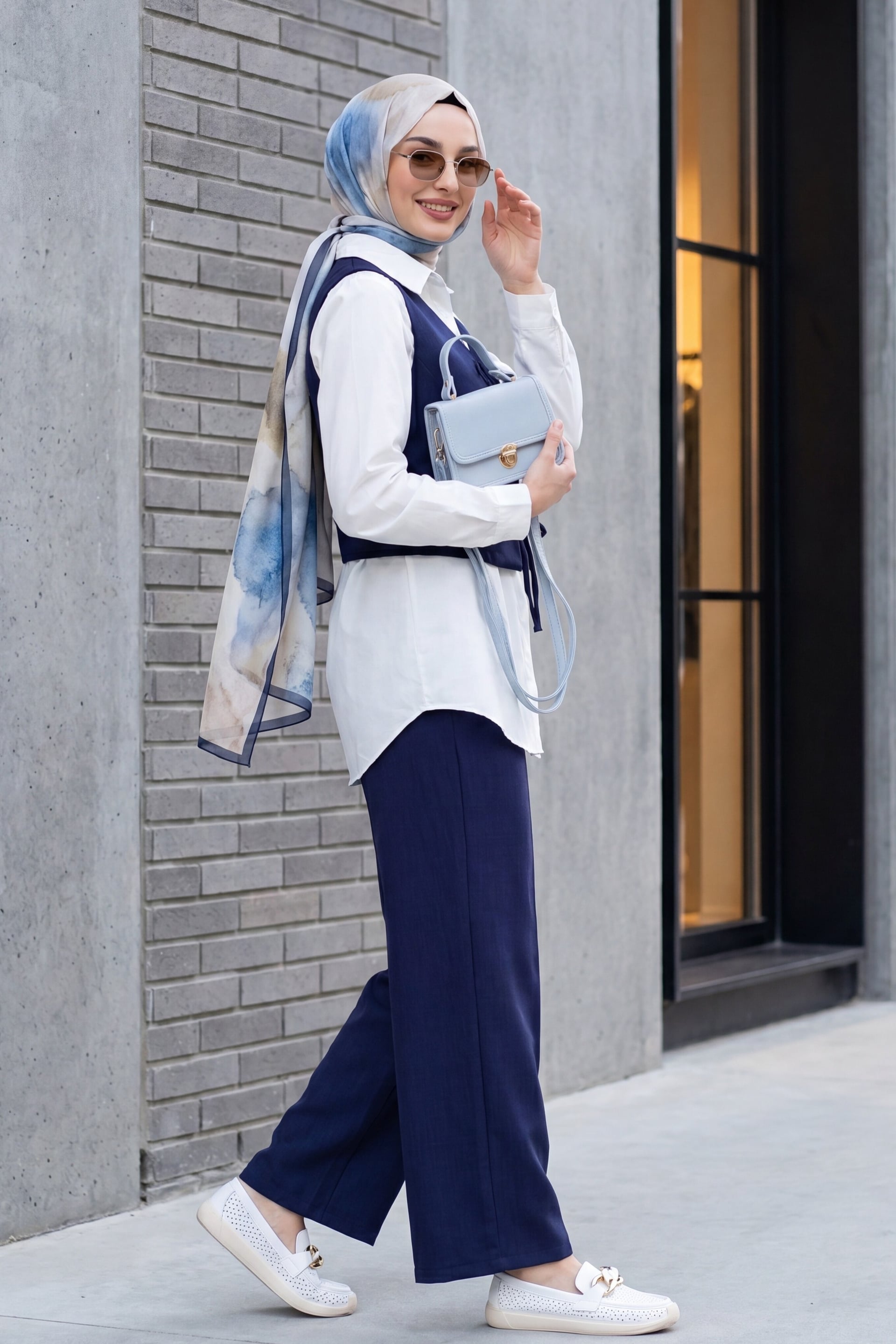 Women's Linen Look 3-Piece Set with Lace-Up Front Shirt, Vest, and Trousers - Navy - Podyumplus - by Peralane - photo 3