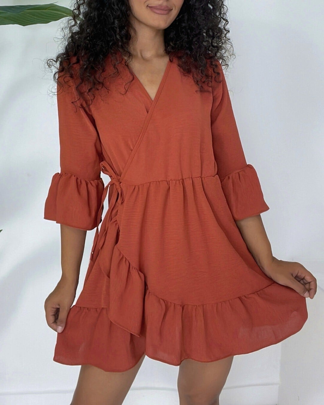 Ruffled Wrap Dress with Tie Waist in Rust - Podyumplus - by Peralane - photo 2