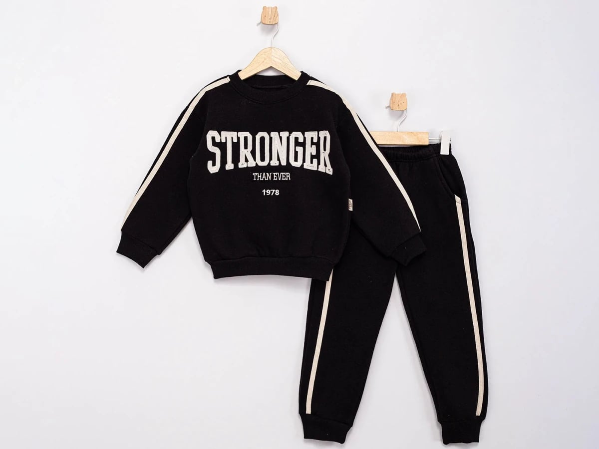 Boys' Jogger Set with STRONGER THAN EVER Print - Black - Feely Kids - by Peralane