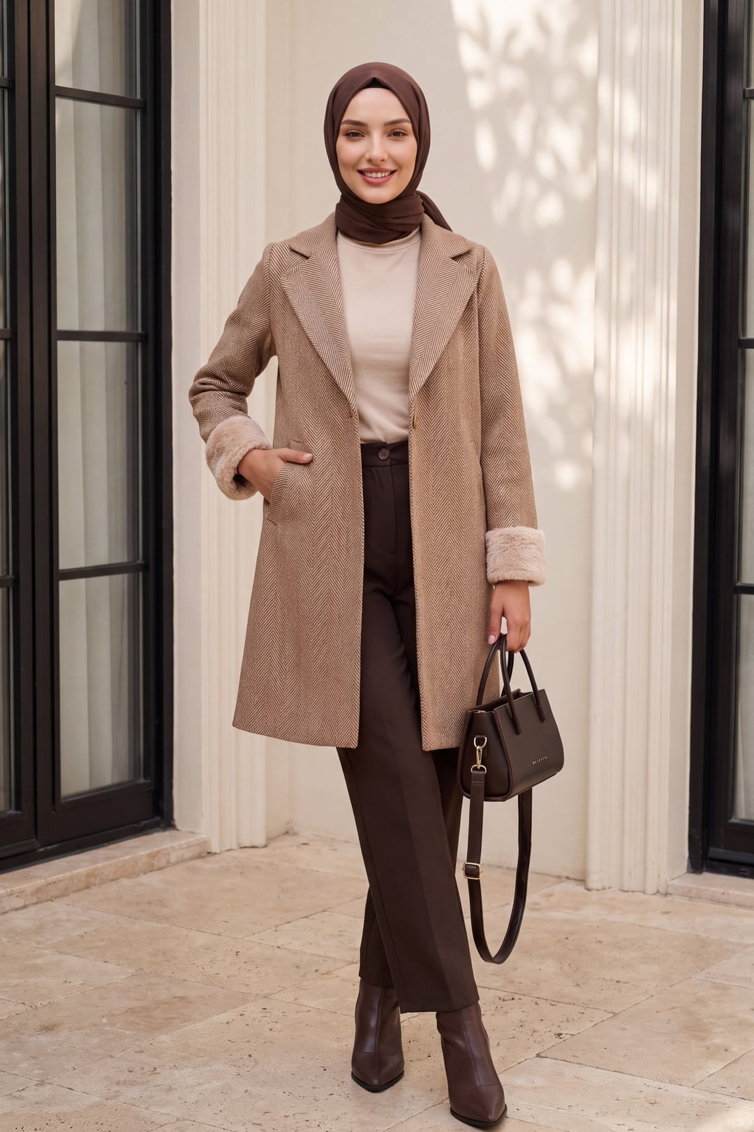 Women's Herringbone Faux Fur Trim Coat - Camel - Bigdart - by Peralane - photo 4