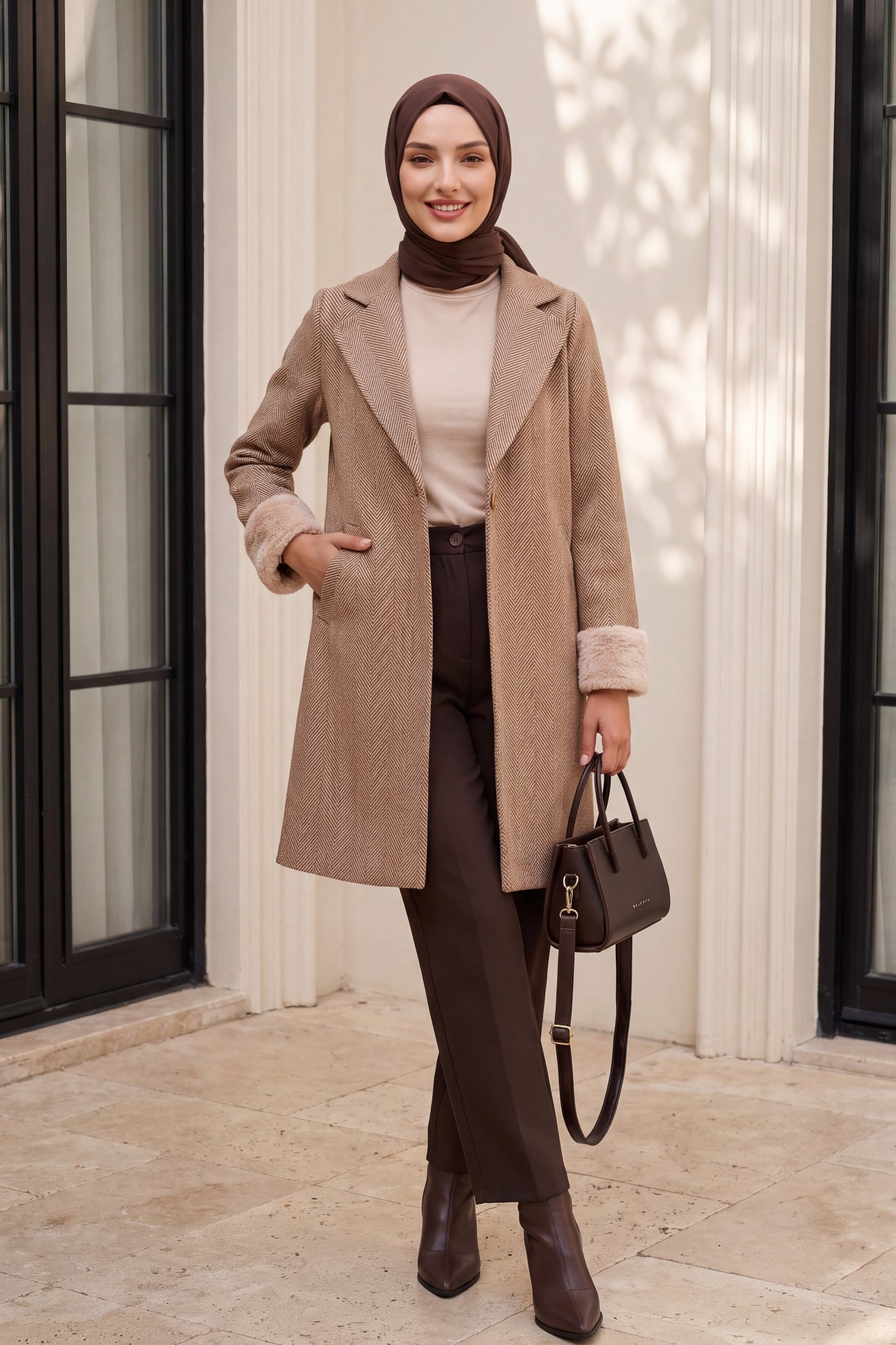 Women's Herringbone Faux Fur Trim Coat - Camel - Bigdart - by Peralane - photo 4