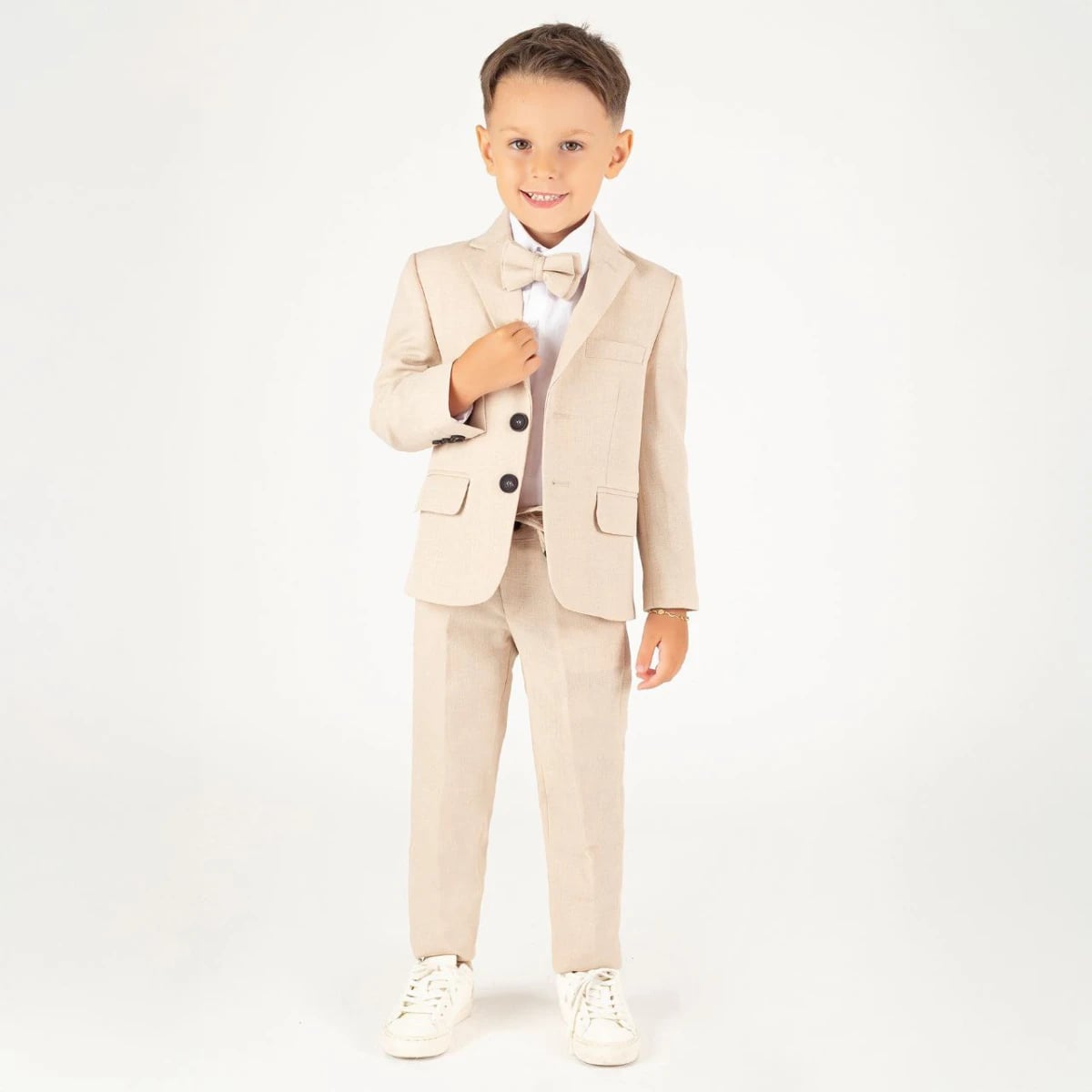 Boys' 4-Piece Houndstooth Suit Set with Blazer, Trousers, Shirt, and Bow Tie - Beige - Terry - by Peralane