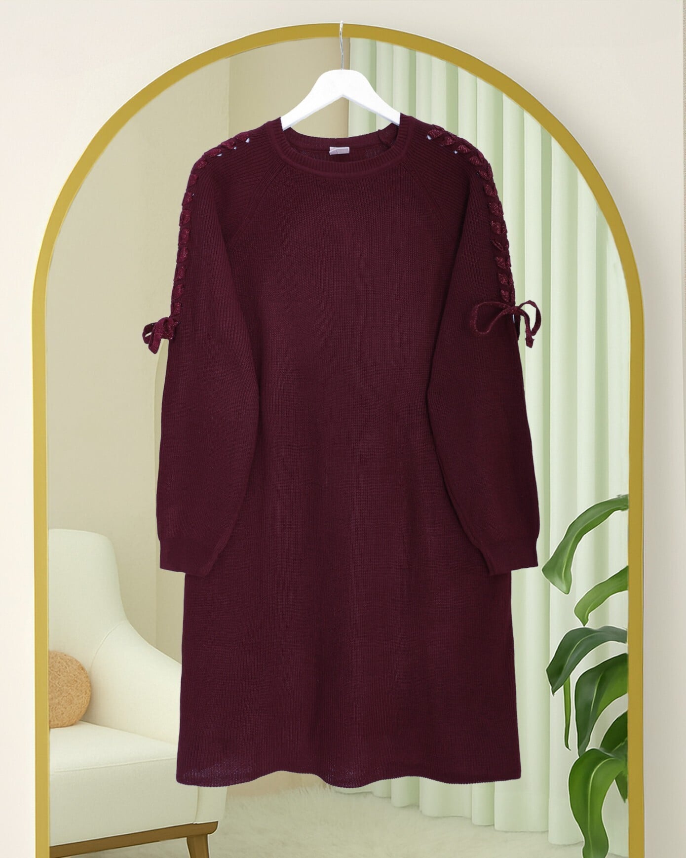 Slouchy Ribbed Knit Tunic with Braided Shoulder Detail - Burgundy - Podyumplus - by Peralane