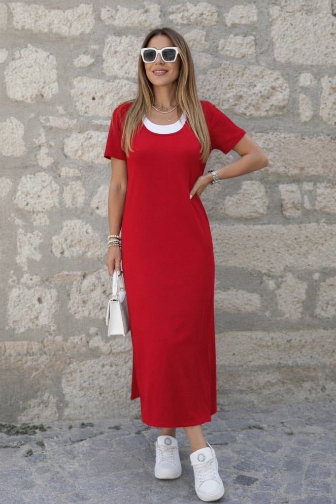 Women's Red Short Sleeve Maxi Dress with Camisole Look and Side Slits - Janes - by Peralane - photo 2