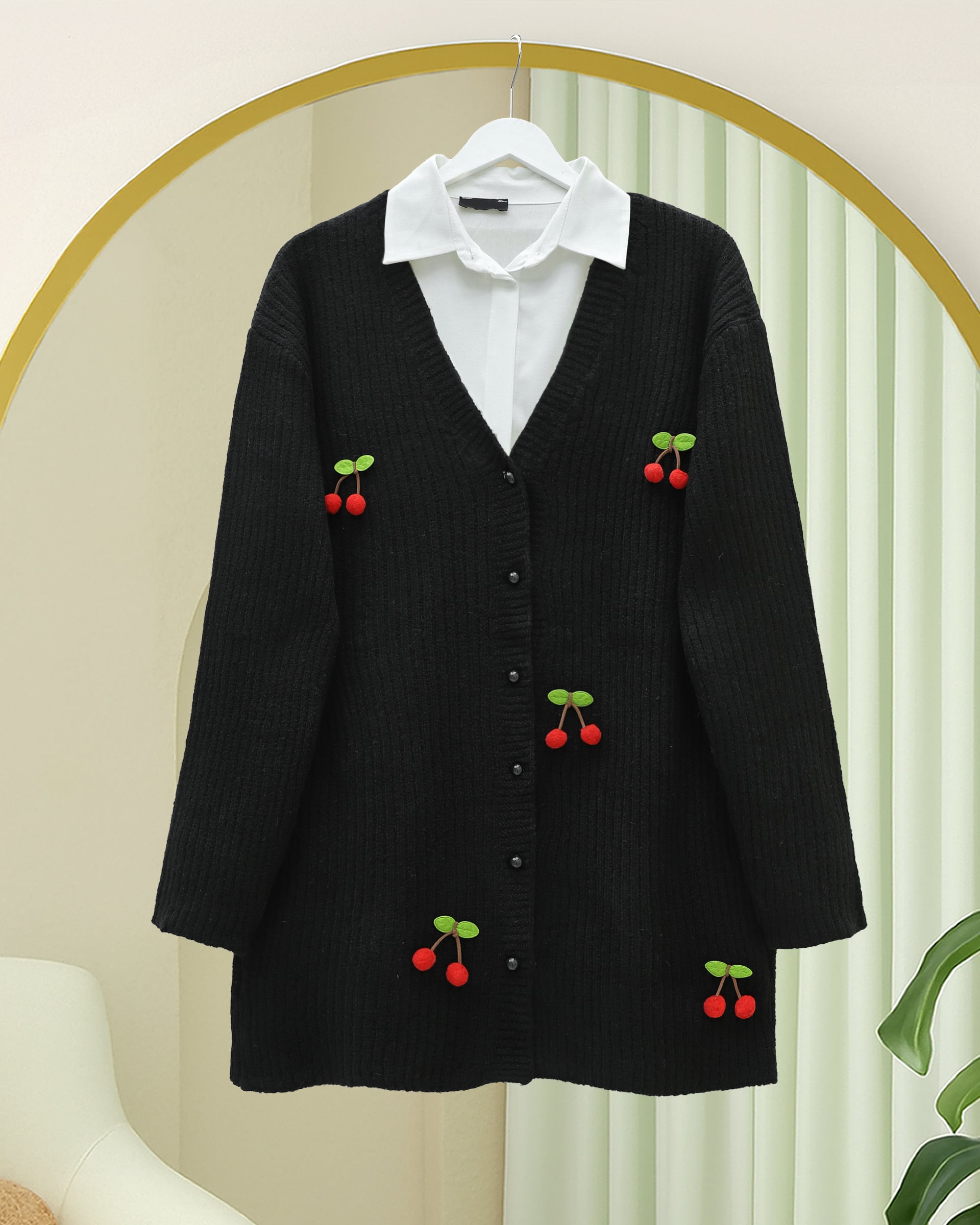 Black Ribbed Knit Cardigan with Cherry Embroidered Buttons - Podyumplus - by Peralane - photo 2