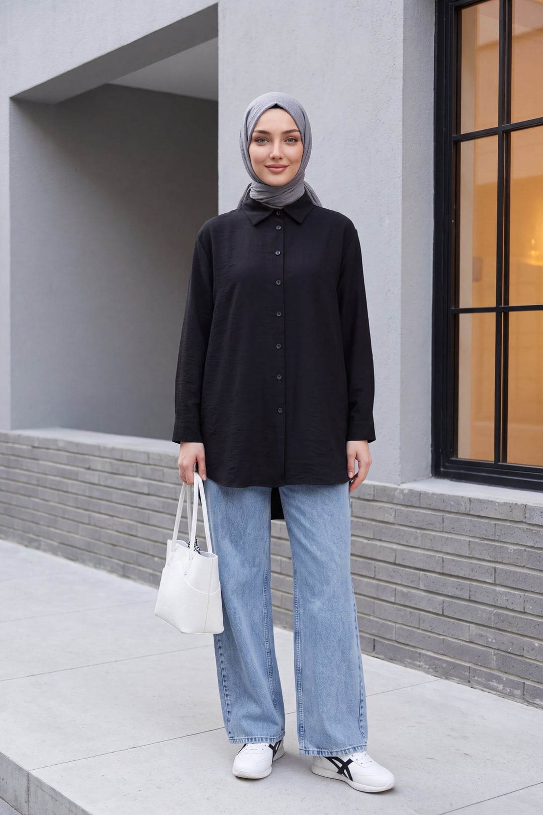 Long Back Button Poplin Shirt - Black - Podyumplus - by Peralane - photo 3